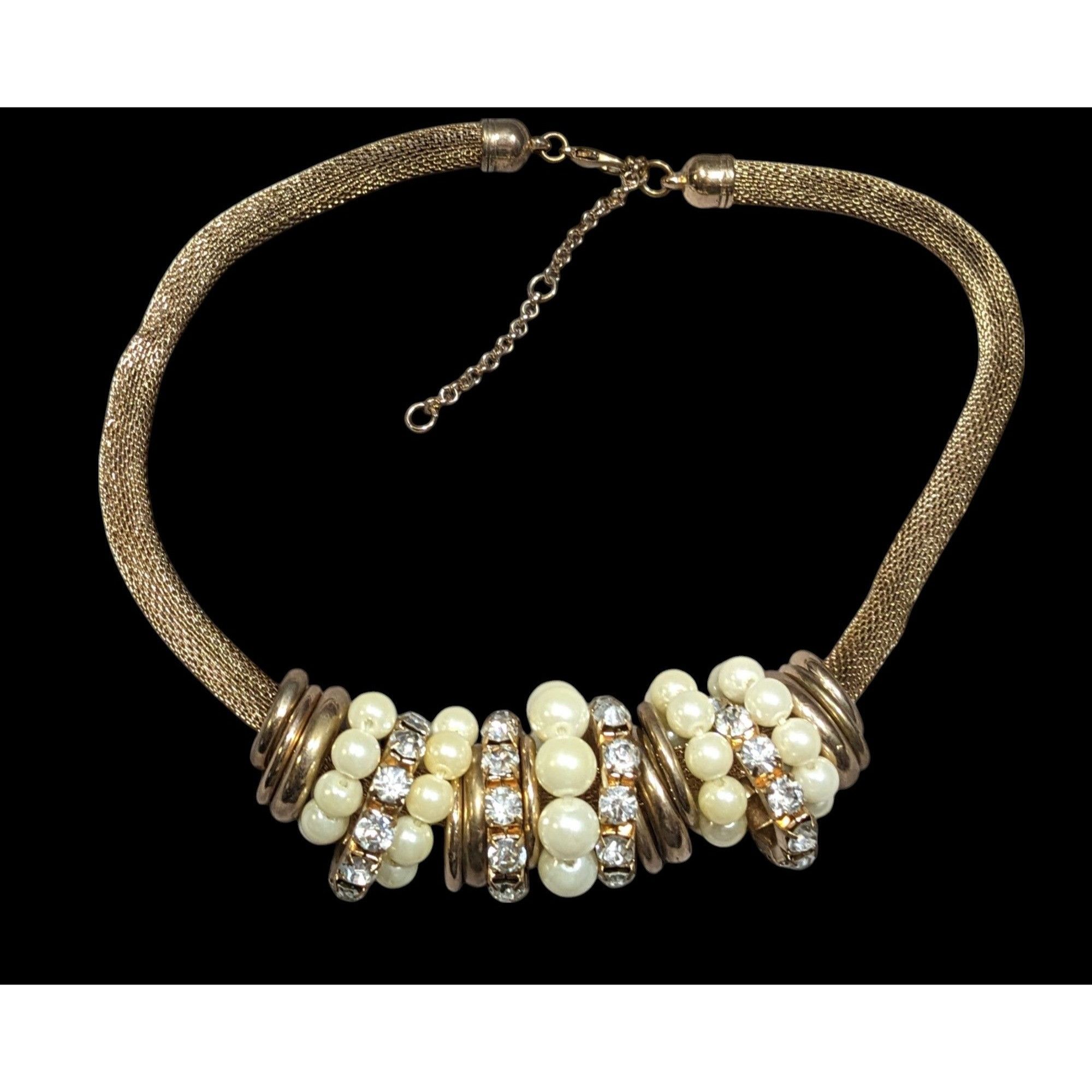 Other Vintage 80s Glam Faux Pearl And Rhinestone Ring Statement Ne Size ONE SIZE - 1 Thumbnail