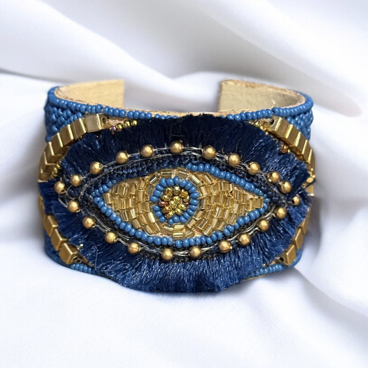 Other Handmade blue and gold beaded evil eye wide cuff bracelet Size ONE SIZE - 1 Thumbnail