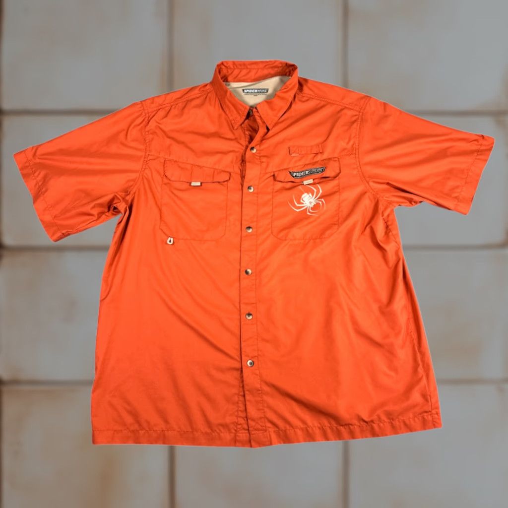 Vintage SpiderWire Fishing Shirt Adult XL Orange Outdoor Promo Shirt Sleeved Short Button-Up Pocketed Breathable Lightweight Polyester Mens Size US XL / EU 56 / 4 - 1 Thumbnail