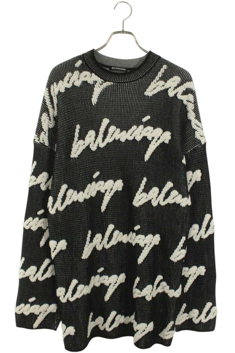 Balenciaga 20AW Logo Oversized Crewneck Knit Sweater Black x White Size S