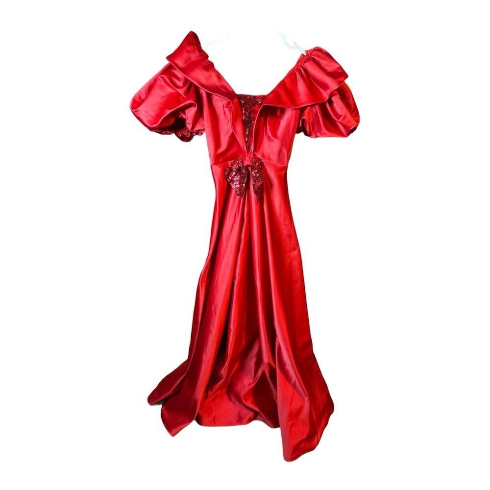 Vintage Alyce Designs Vintage 80s Red Satin Puff Sleeve Sequin Bow Size M / US 6-8 / IT 42-44 - 1 Thumbnail