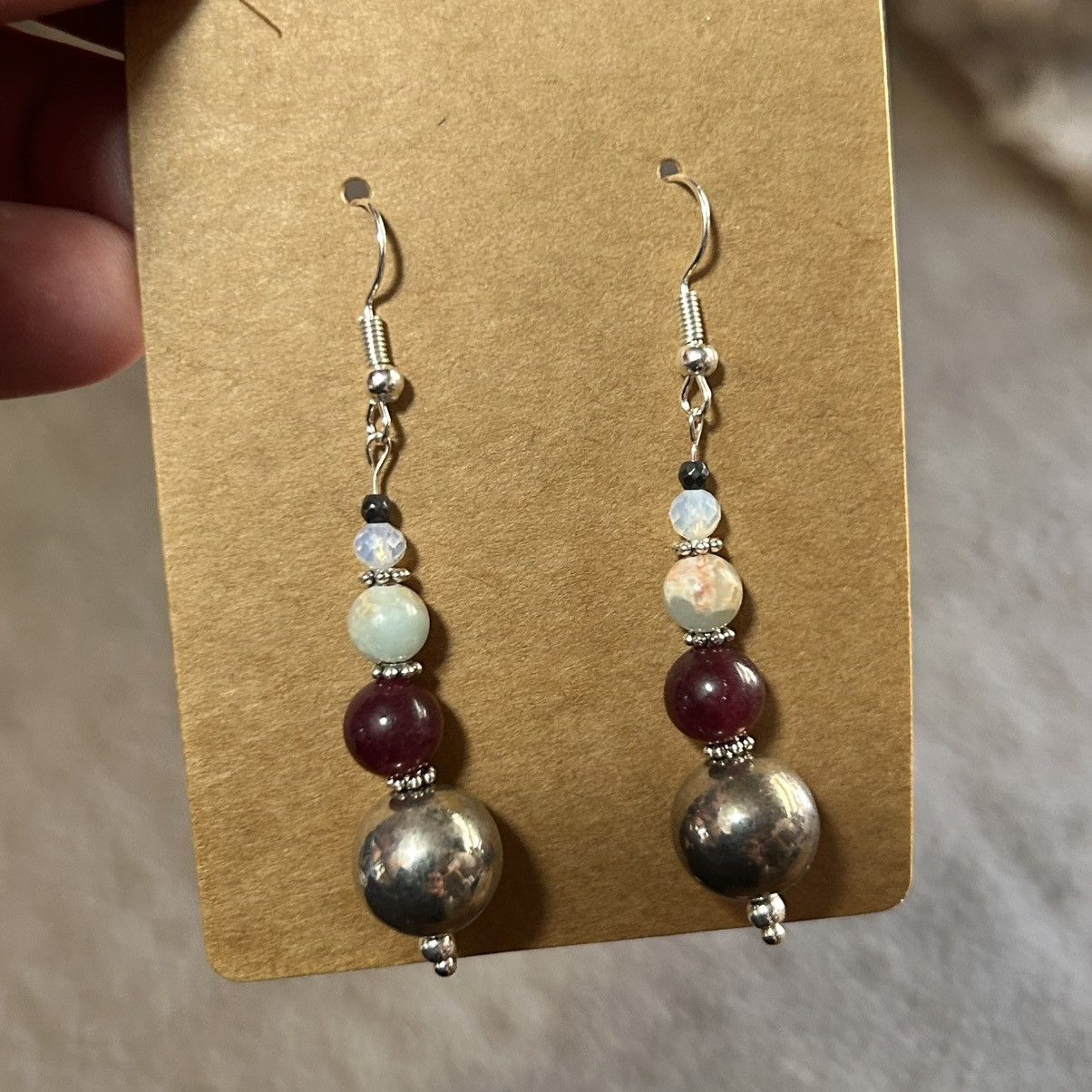 Handmade Handcrafted elegant vintage bead garnet opalite earrings Size ONE SIZE - 2 Thumbnail