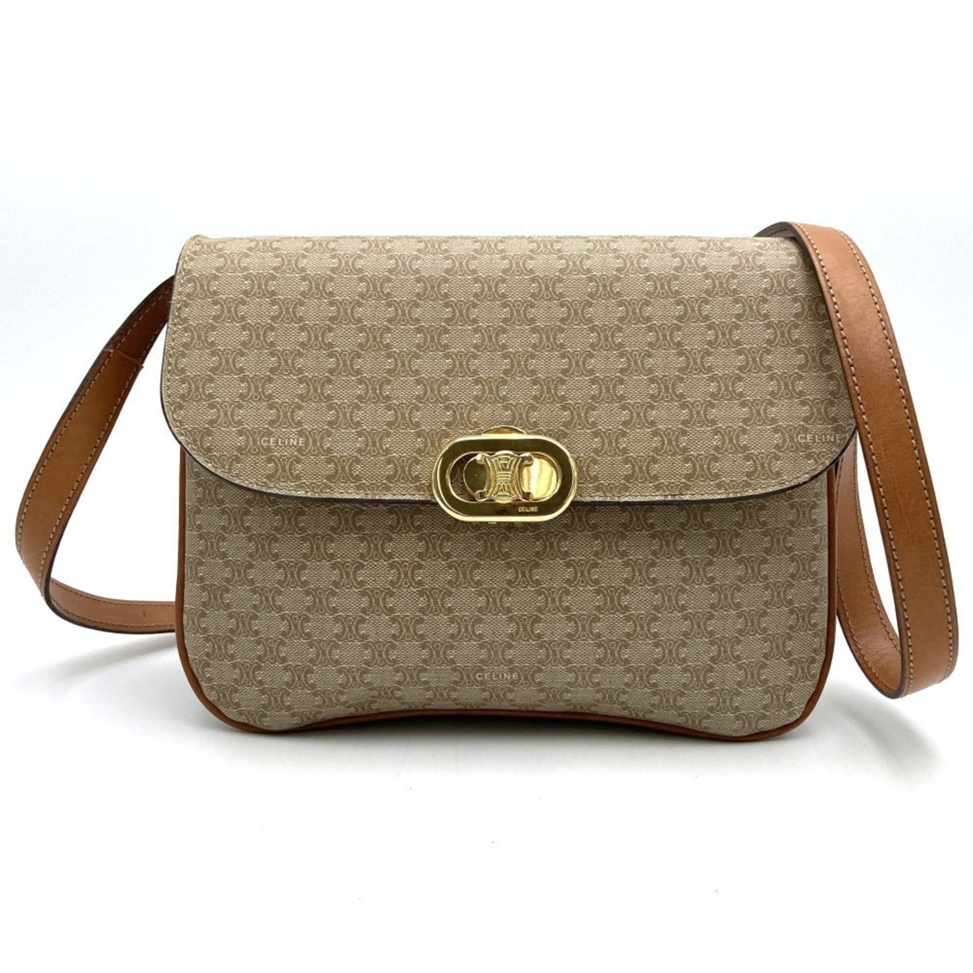 CELINE F06 Macadam Shoulder Bag Beige Leather Women's