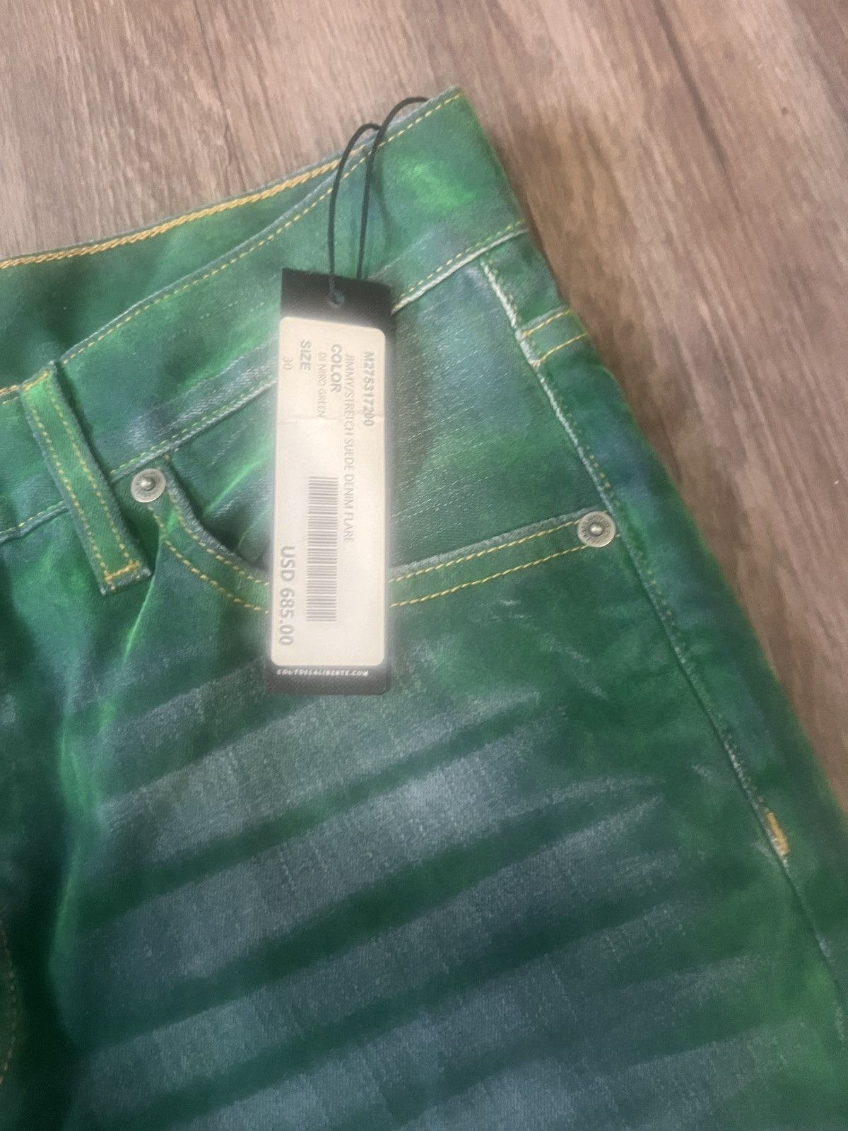 Cout de la Liberte COUT DE LA LIBERTÉ: Green Jimm y Stretch Suede Flare Jeans Size US 30 / EU 46 - 7 Thumbnail