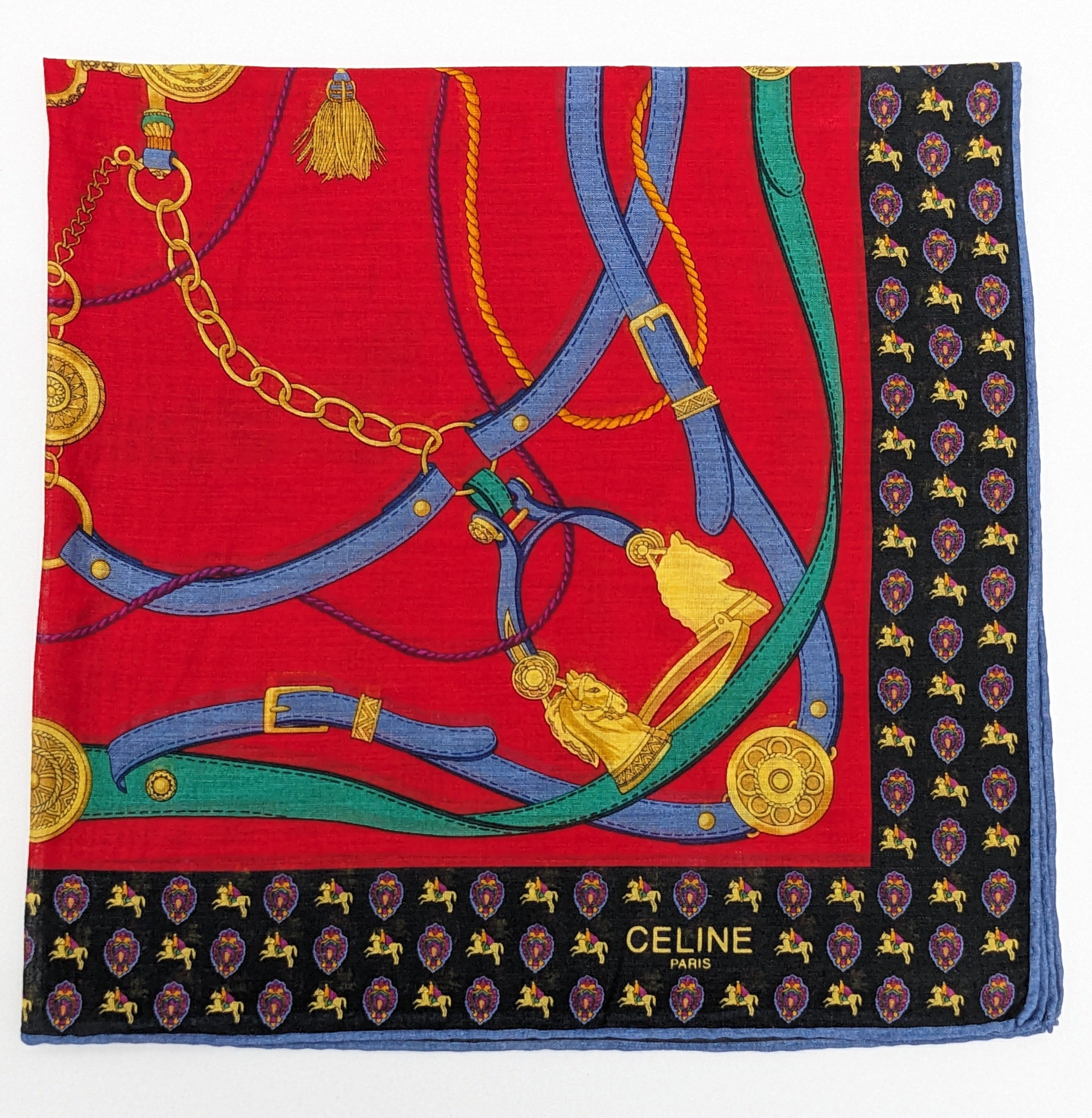 Celine CELINE Paris Silk Blend Scarf Red Gold Equestrian Harness Size ONE SIZE - 1 Thumbnail