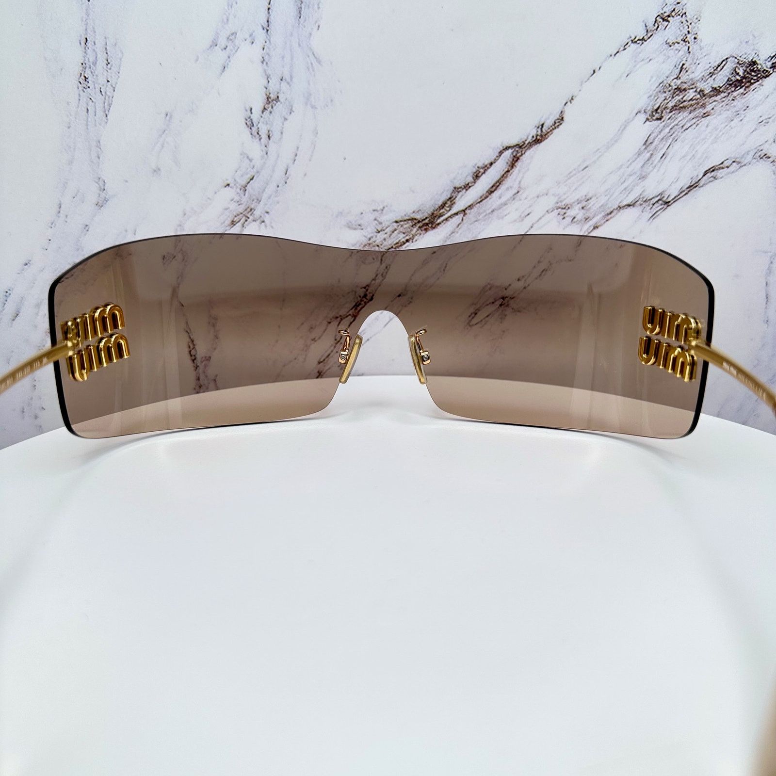 Miu Miu New MIU MIU Sunglasses Gold Light Mirror Bronze Rimless Wrap Size ONE SIZE - 17 Thumbnail