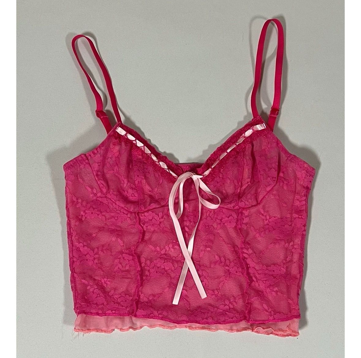 Japanese Brand Pink Floral Lace Mesh Tank Crop Top Shirt Cami Tee Size XS🎀✨ Size XS / US 0-2 / IT 36-38 - 1 Thumbnail