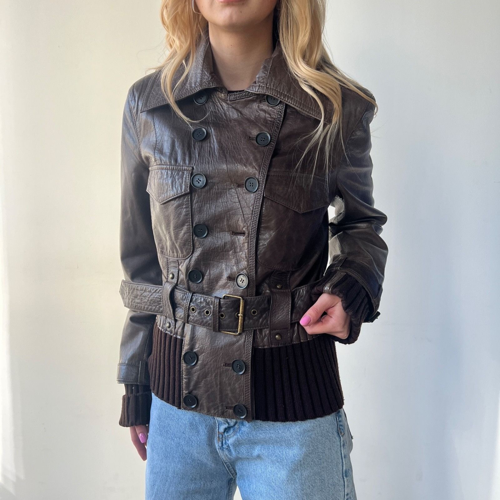 Genuine Leather Vintage Lamb Leather Belted Double Breasted Jacket 0010BC Size M / US 6-8 / IT 42-44 - 3 Thumbnail