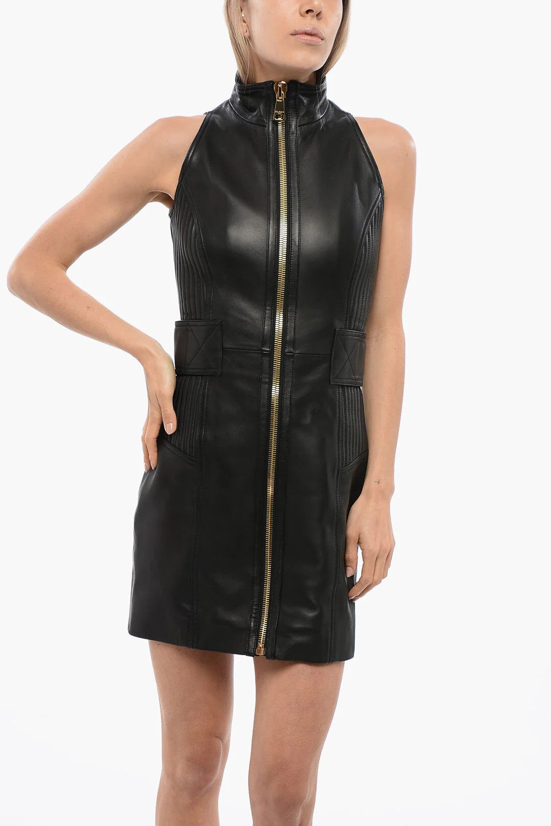 Balmain og1mm0326 Leather Halterneck Dress in Black Size M / US 6-8 / IT 42-44 - 4 Thumbnail