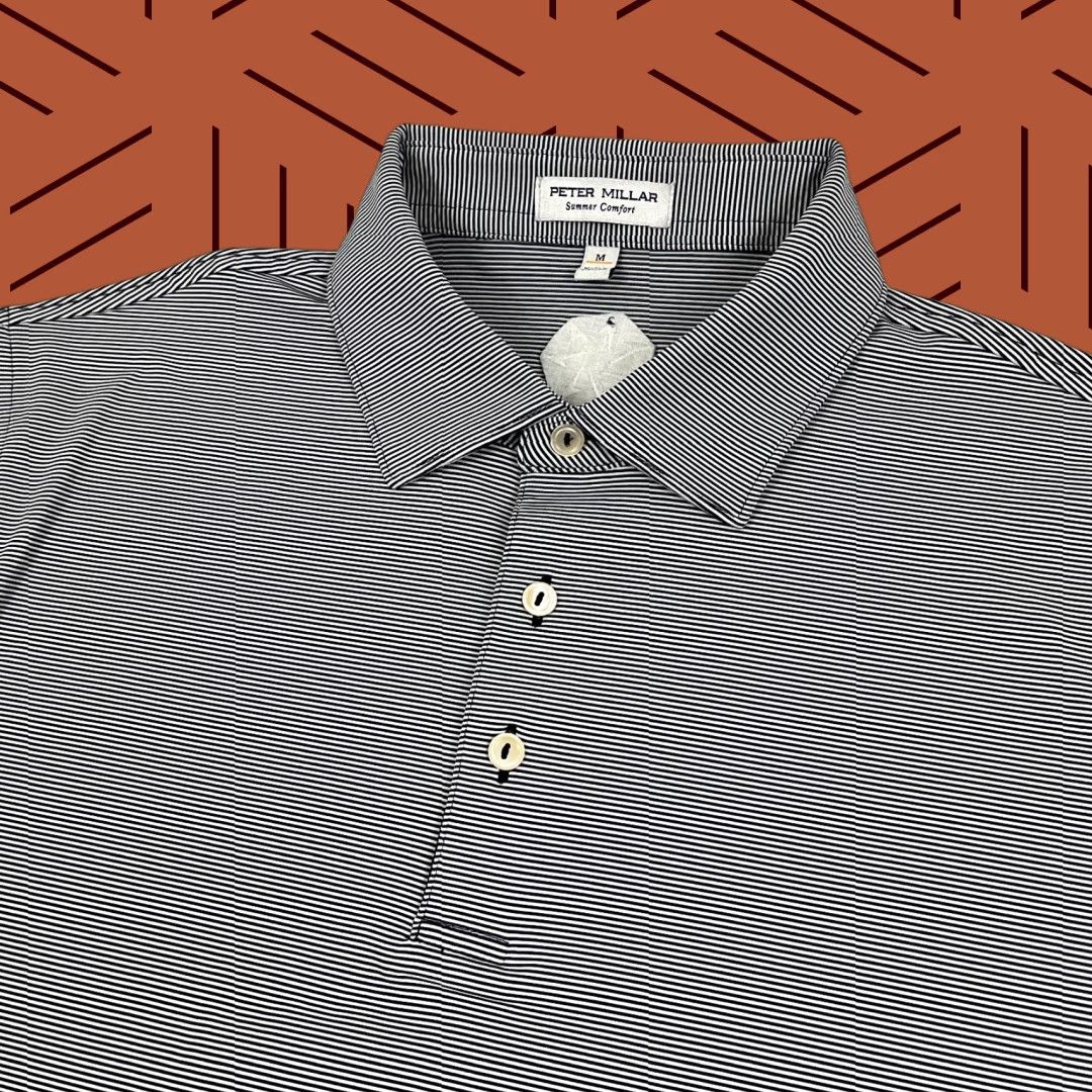 Peter Millar Summer Comfort Polo Shirt Mens M Blue White Stripe Active Golf Prep Shirt