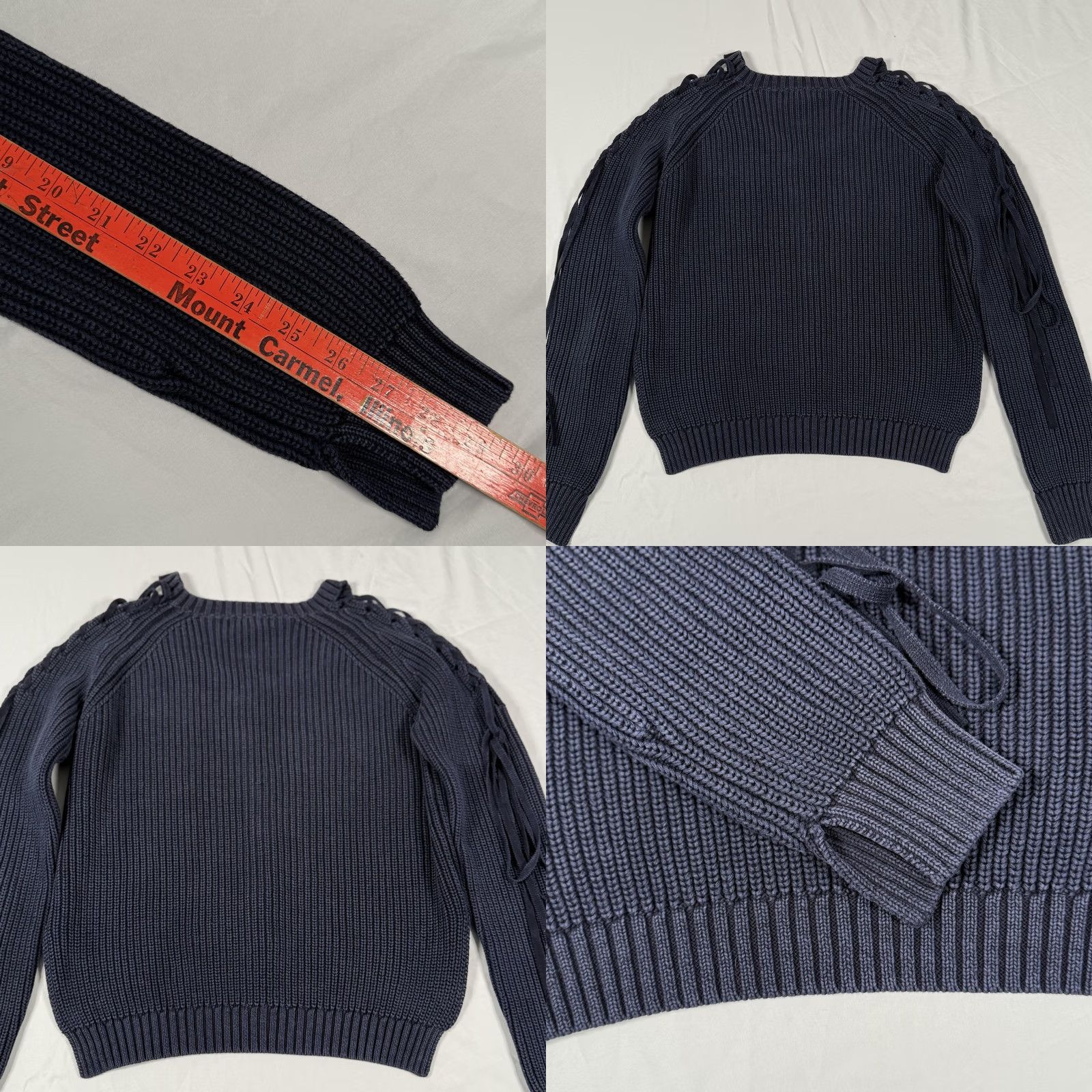 Vintage Fate Sweater Womens Medium Navy Blue V Neck Lace Up Sleeve Cotton Knit Ribbed Size M / US 6-8 / IT 42-44 - 8 Thumbnail