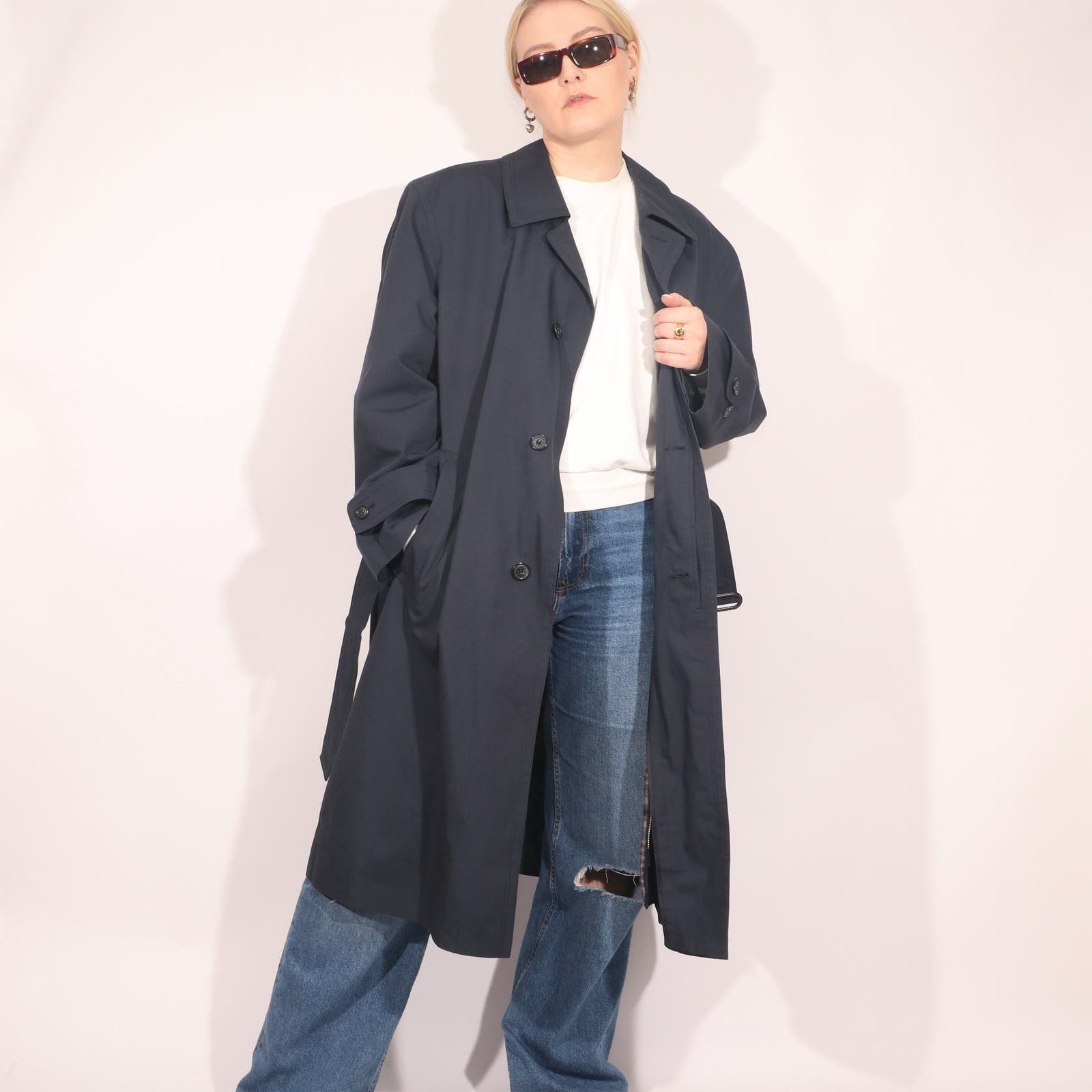 image of Vintage Minimalist Trench Coat Wool Plaid Lining Navy Blue, Men's (Size Large)