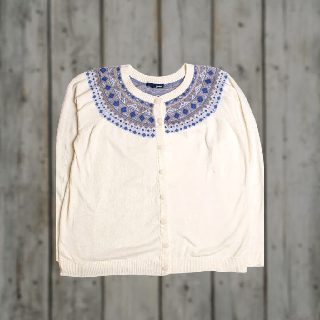 X-LARGE VINTAGE Basic Editions Fair Isle Sweater X-Large White Knitted Cardigan Size XL / US 12-14 / IT 48-50 - 1 Thumbnail