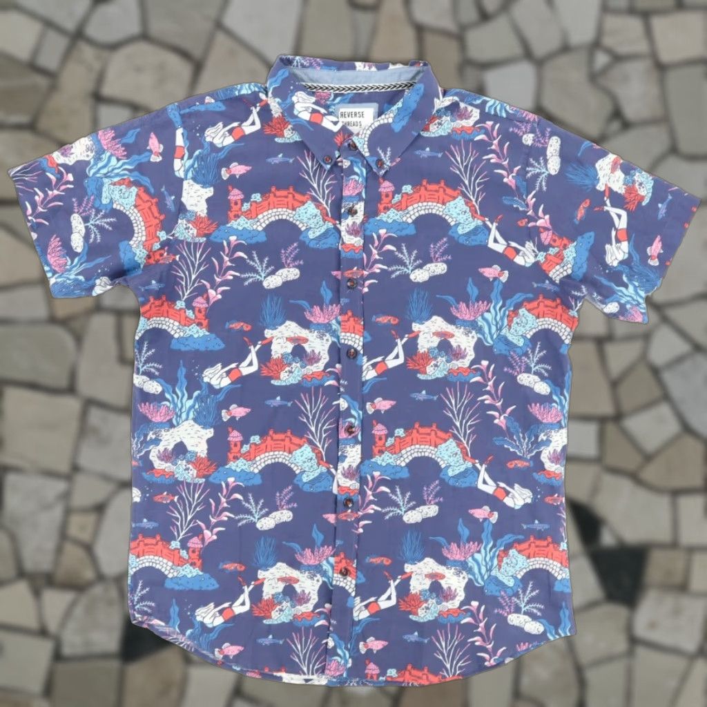 Vintage Reverse Threads Fish Aquarium Cotton All Over Print Button Down Shirt Blue XL Men Size US XL / EU 56 / 4 - 1 Thumbnail