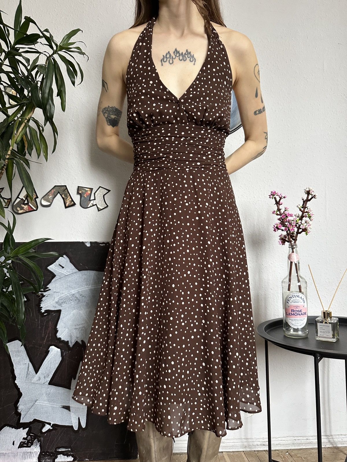 Vintage Vintage Polka dot Sexy Halter Midi Dress Cottage Size L / US 10 / IT 46 - 8 Thumbnail