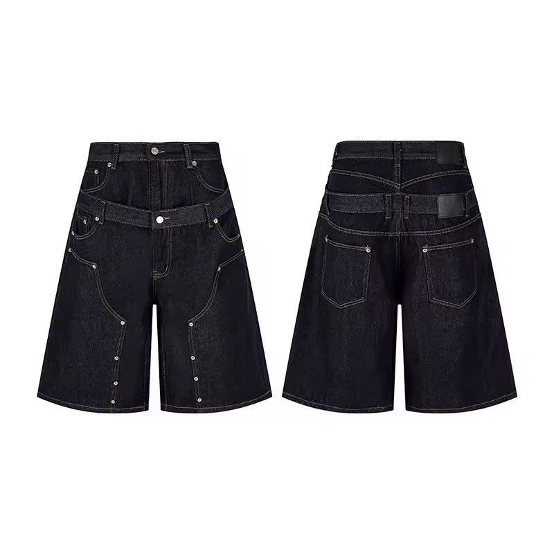 Jean Streetwear Rivets Double Waisted Denim Shorts Jorts Size US 31 - 9 Thumbnail