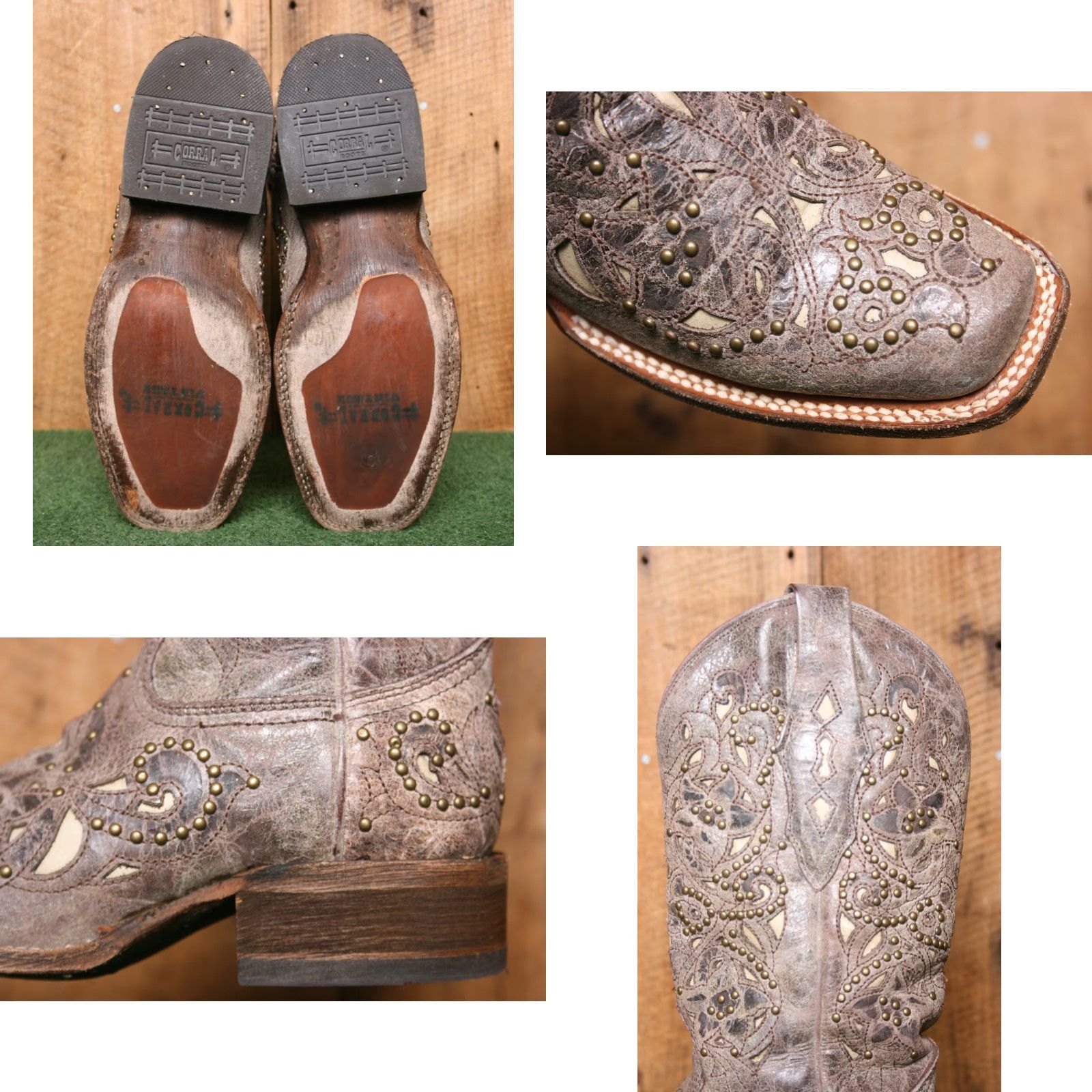 Vintage CORRAL 'Jessica' Brown Studded Inlay Leather Western Boots Sz. 6.5 M Women Cowgirl Boots Size US 7 / IT 37 - 8 Thumbnail
