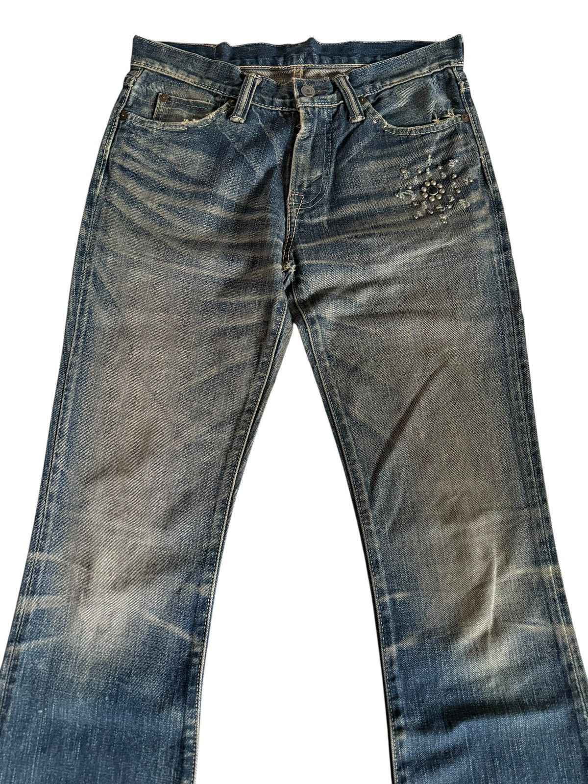 Japanese Brand Flared Jeans David Olive Accessories Faded Distressed Denim Size US 29 - 3 Thumbnail