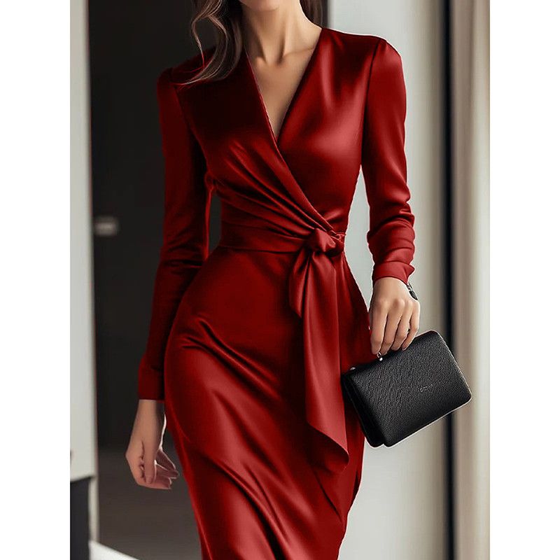 Other Women's Satin Dress Elegant V-Neck Long Sleeve Bodycon Dress Size S / US 4 / IT 40 - 2 Thumbnail