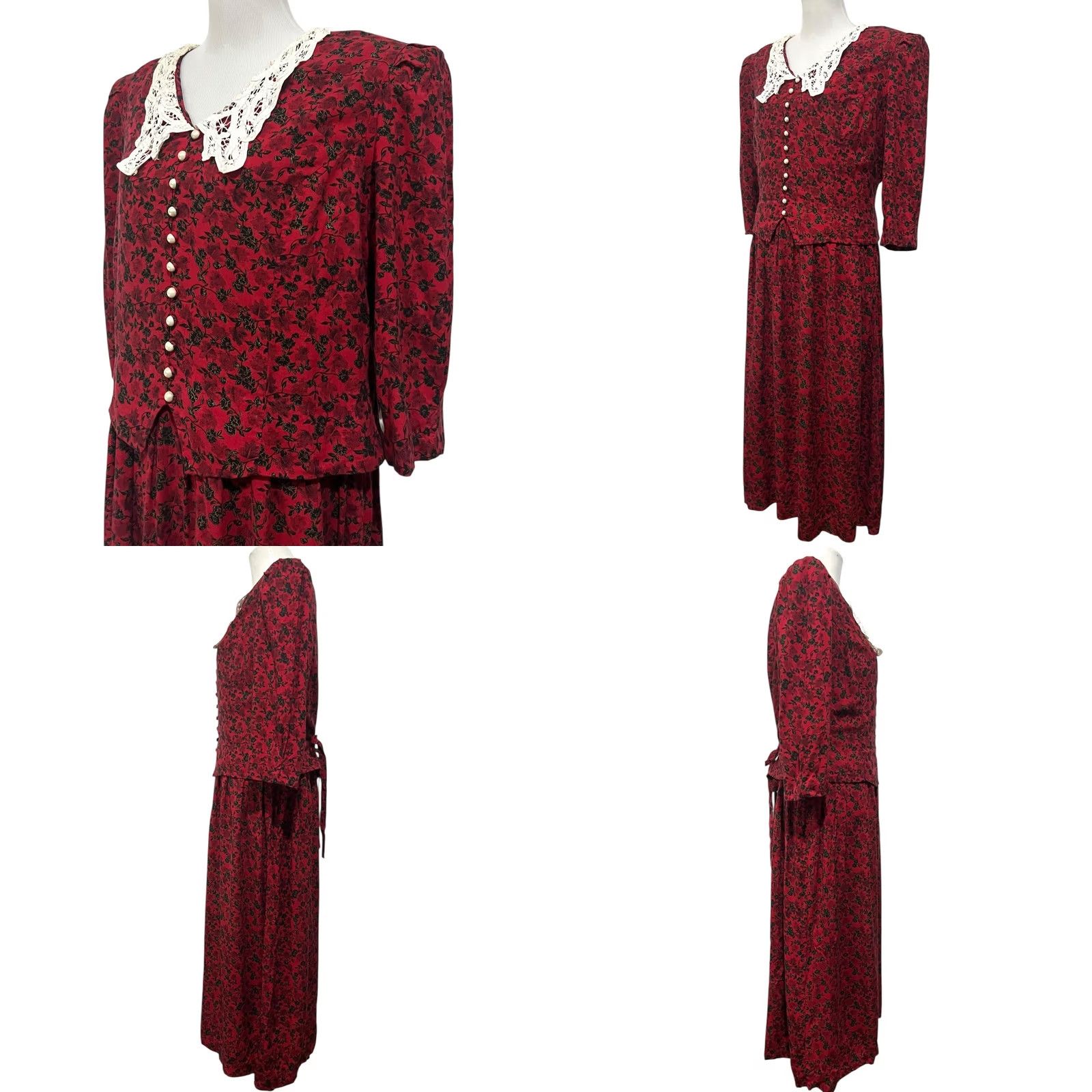 Vintage VINTAGE Sarah Richards Red Floral Dress Sz 18 Crochet Lace Pearly Buttons Long Women Size XXL / US 16-18 / IT 52-54 - 9 Thumbnail