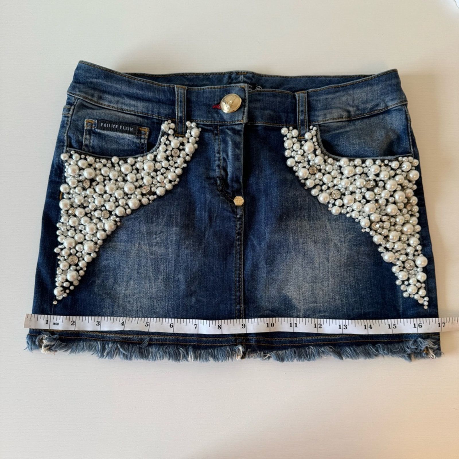 Philipp Plein PHILIPP PLEIN Embellished Denim Skirt Pearl Accents, Size 26 Size 26" / US 2 / IT 38 - 7 Thumbnail