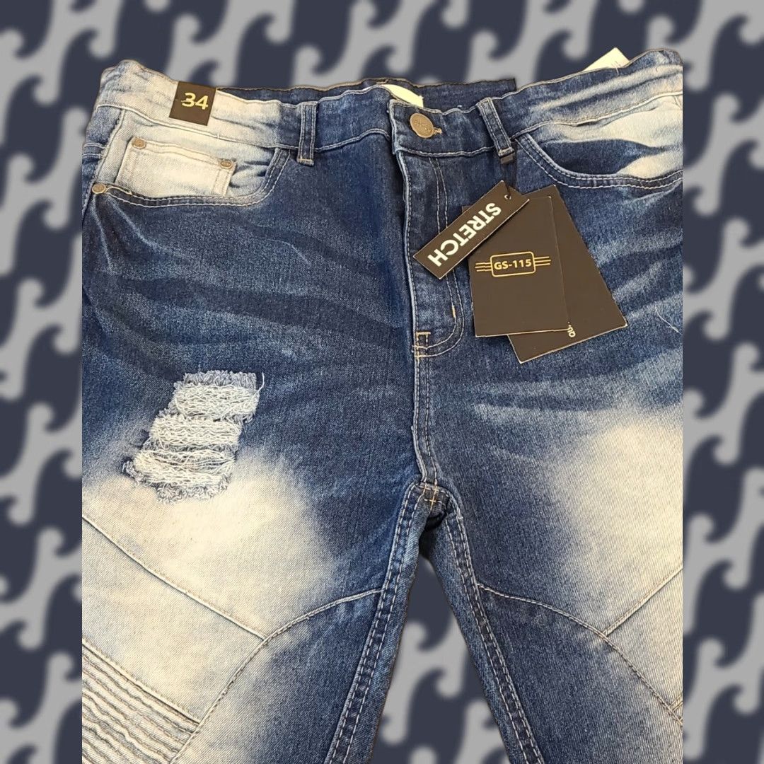 Denime GS-115 Premium Denim Jeans Pants Mens Size 34 X 30 Stretch Blue Distressed Straight Jeans Mens 34x30 Blue Distressed Embroidered Pockets Cotton Denim Size US 34 / EU 50 - 1 Thumbnail