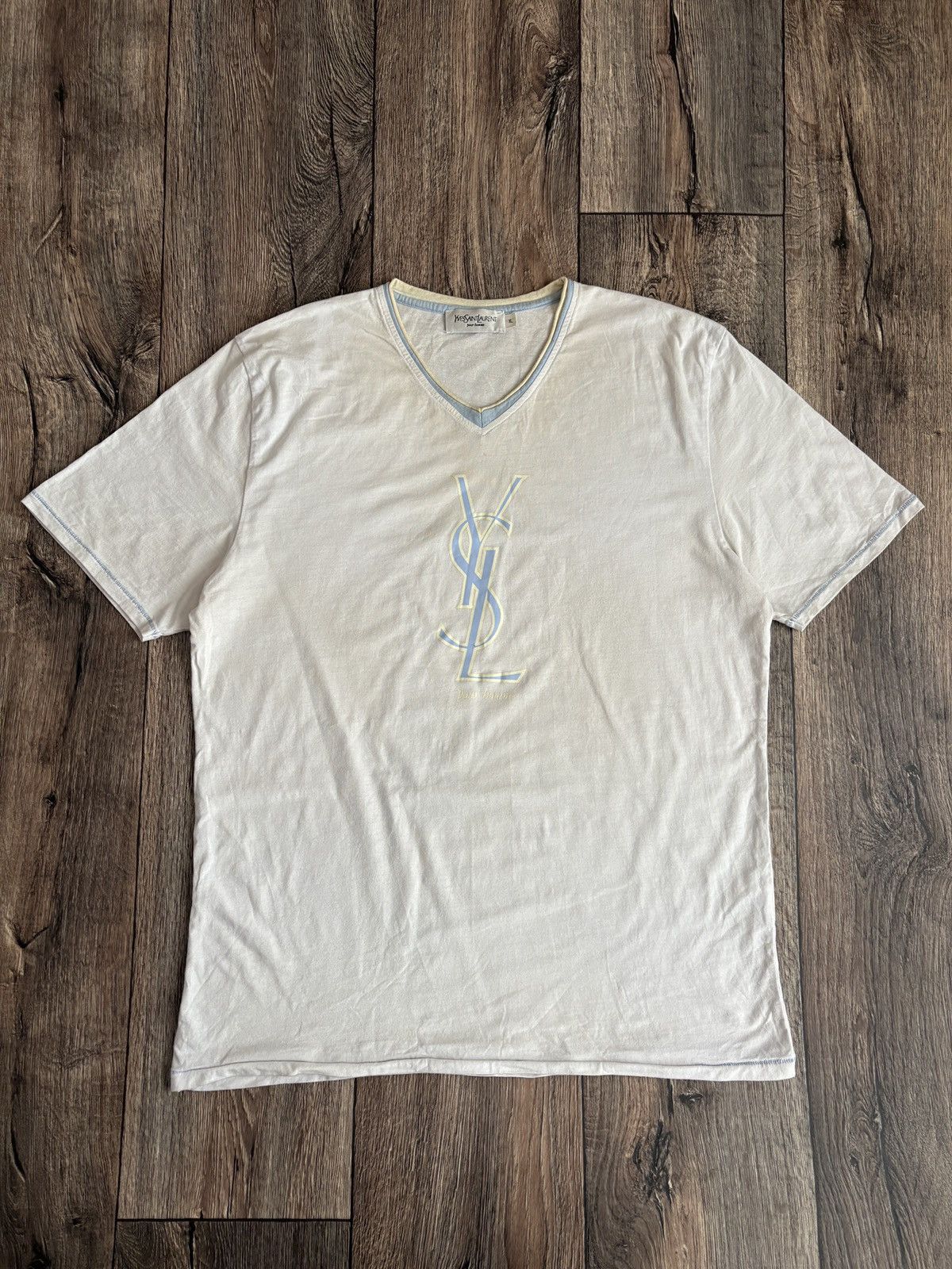 Yves Saint Laurent Vintage Yves Saint Laurent V-Neck Big Logo White T-Shirt Size US XL / EU 56 / 4 - 1 Thumbnail