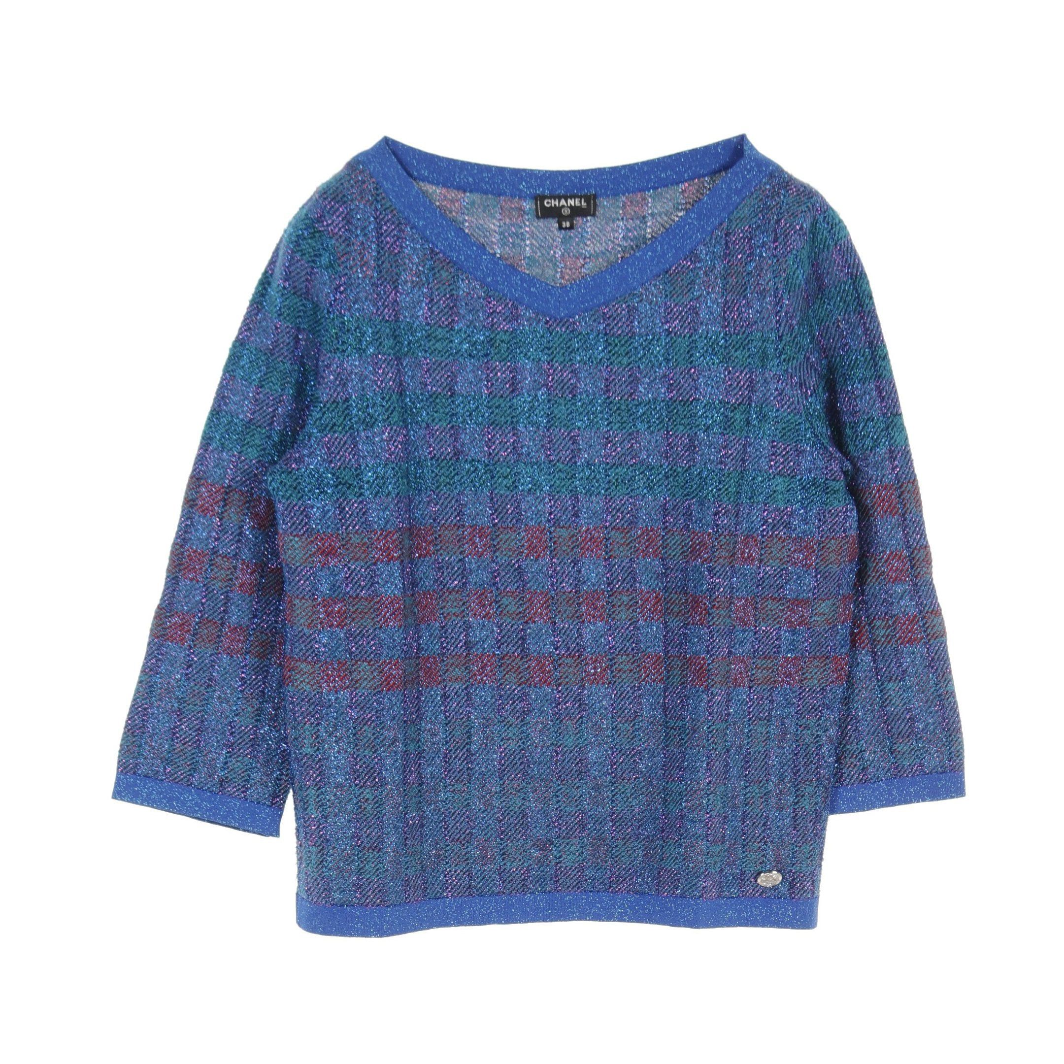Chanel Chanel Knit Three-Quarter Sleeve Check Silk Blue Multicolor Rame Size ONE SIZE - 1 Thumbnail