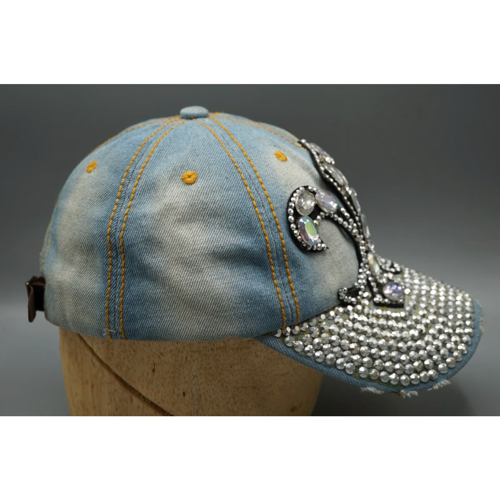 Denime VINTAGE Bling Fleur de Lis Denim Baseball Cap Women One Size Adjustable Blue Rhinestone Silver Glam Sparkle 90s Festival Party Hat Size ONE SIZE - 4 Thumbnail