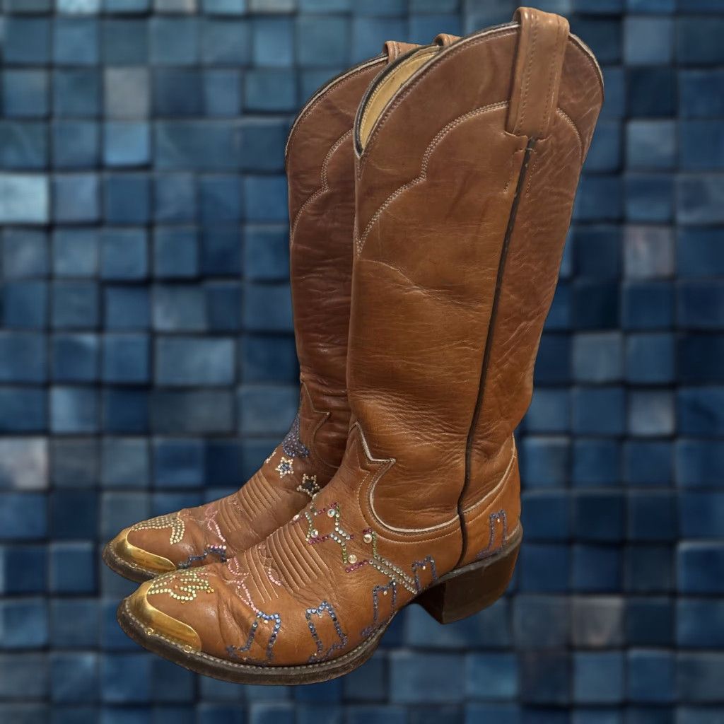 VINTAGE Tony Lama 5084 Custom Jeweled Brown Leather Cowboy Boots