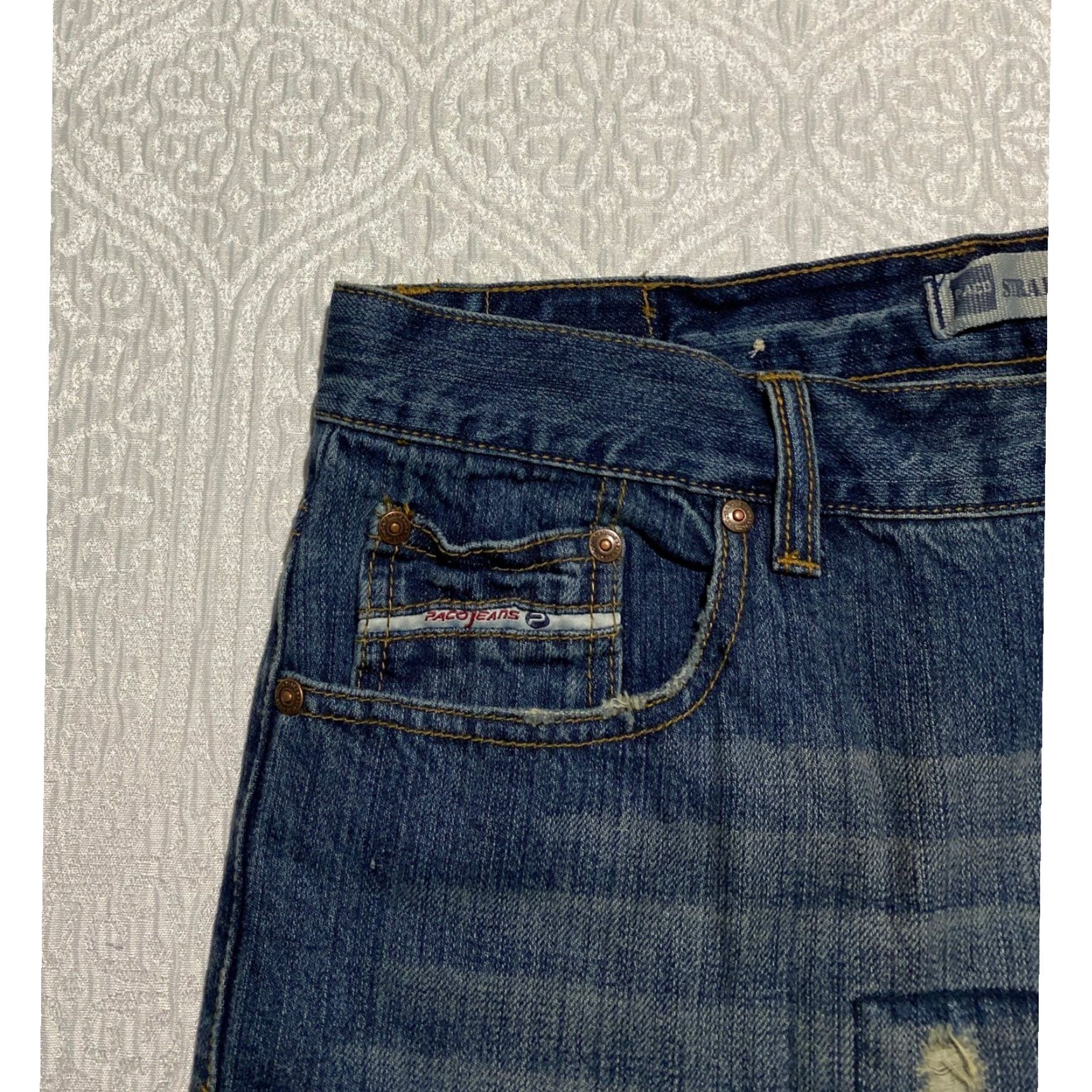 Vintage Paco Jeans Mens 36x30 Blue Denim Distressed Patchwork Whiskers Straight Wide Leg Size US 36 / EU 52 - 4 Thumbnail