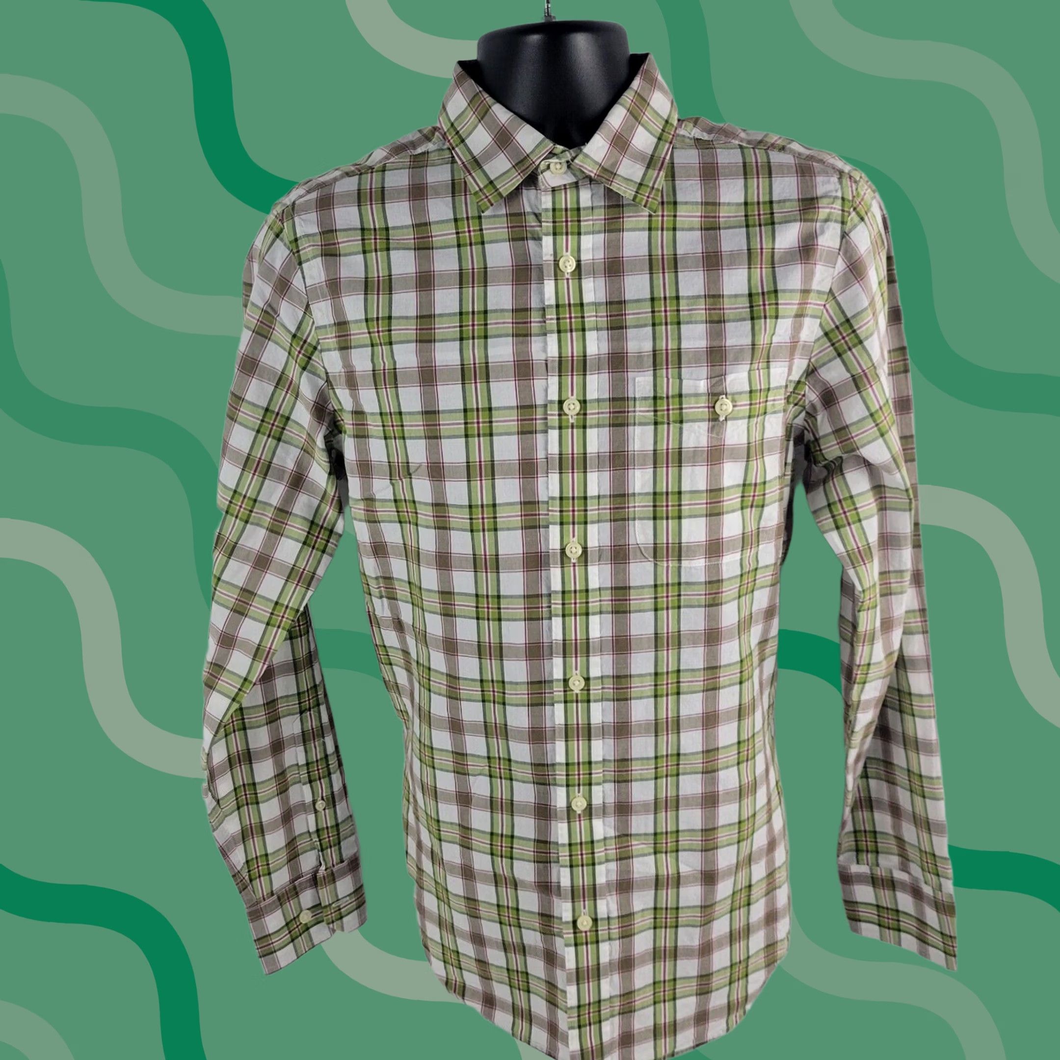 Banana Republic Banana Republic Dress Shirt Green Plaid Long Sleeve 14 14.5 Mens Regular Button-Front Shirt Size 40R - 1 Thumbnail