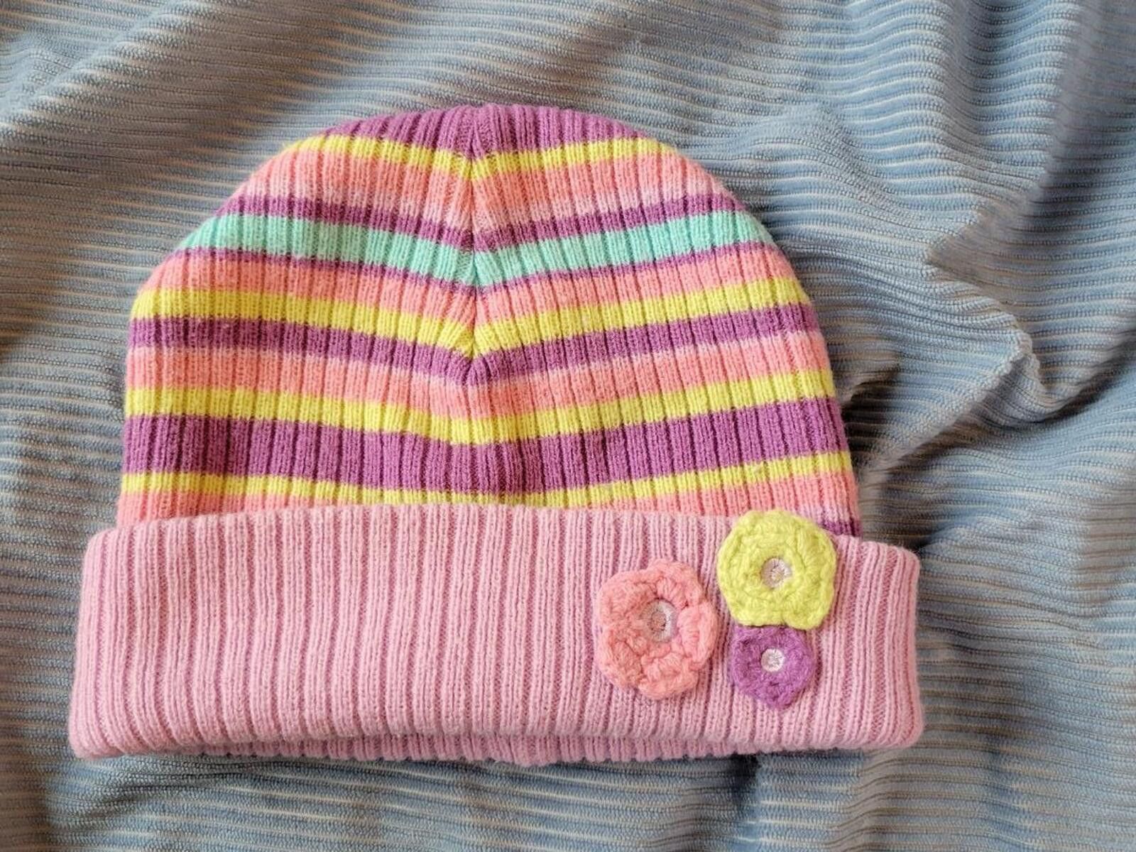 Unknown London Toddler Purple Striped Knit Beanie Hat w Crocheted Flowers Size ONE SIZE - 1 Thumbnail