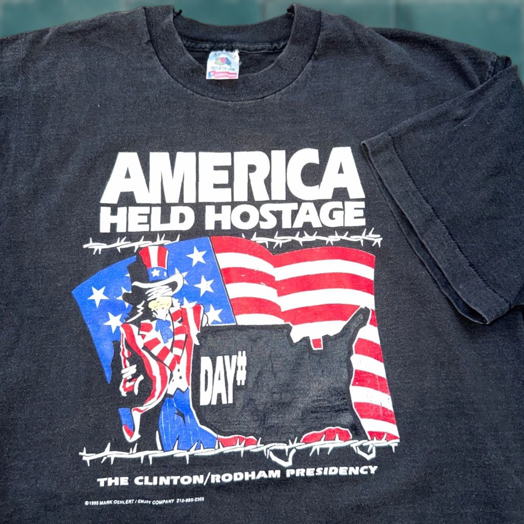 VINTAGE Fruit of the Loom T-Shirt Shirt XL Black America Held Hostage USA VTG 70s 80s 90s Political Funny Mens