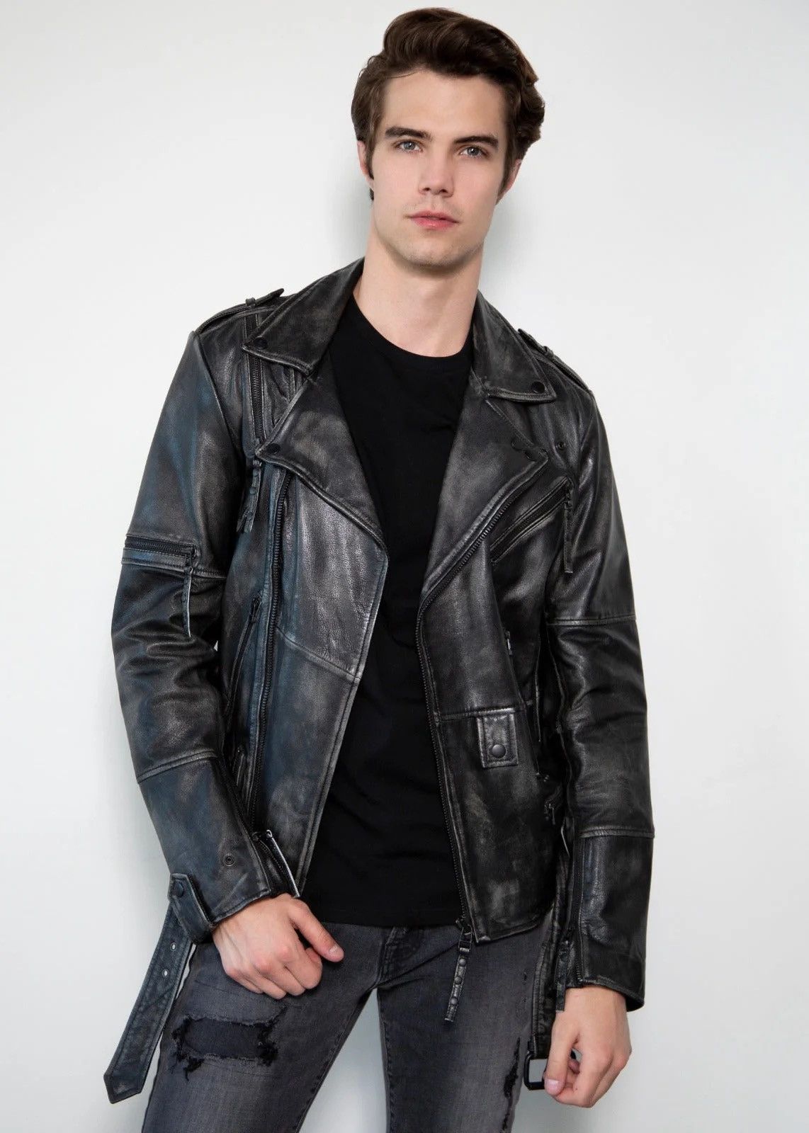 Other Mens Taylor Rub-off Zippered Gray Motorcycle Leather Jacket Size US XXL / EU 58 / 5 - 1 Thumbnail