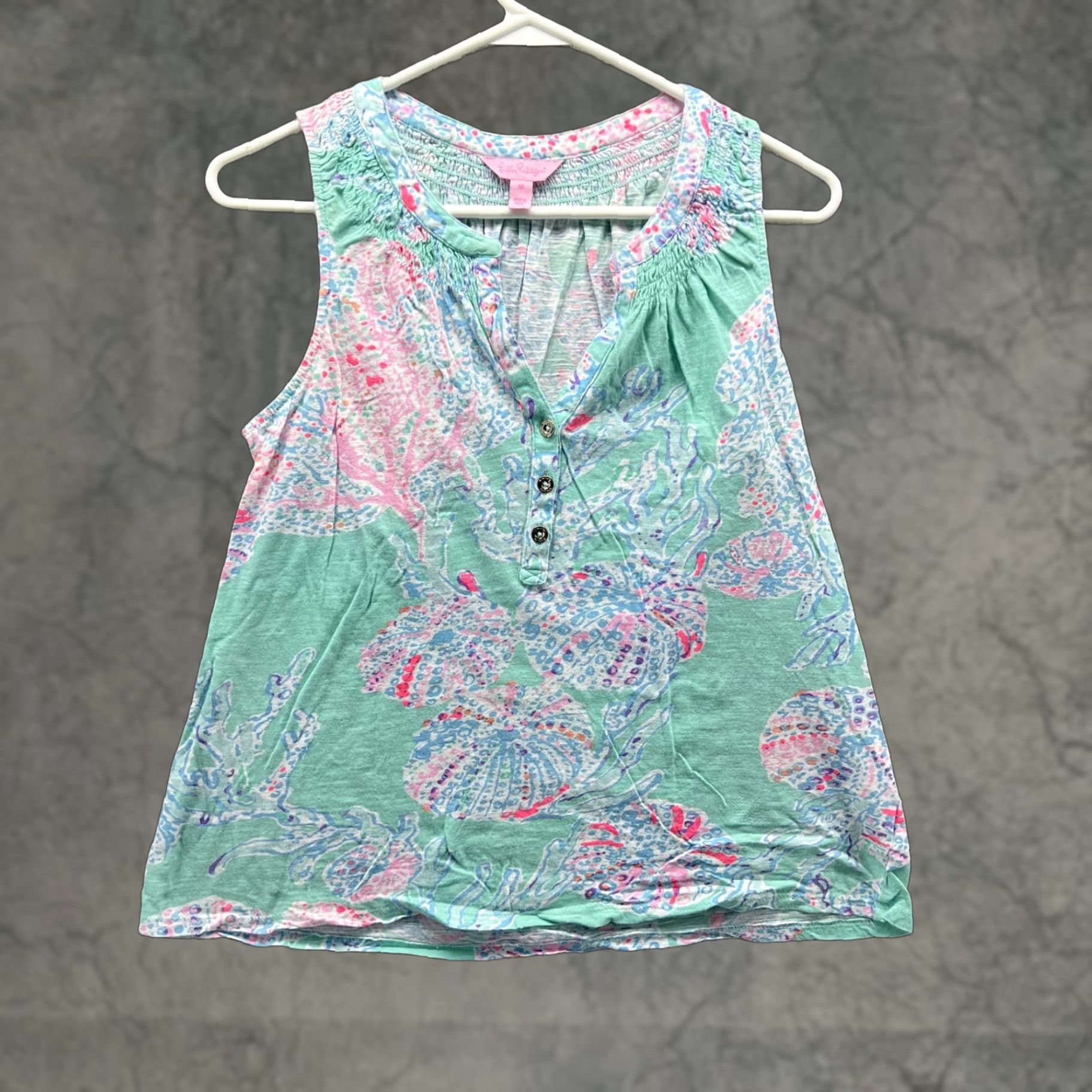 Lilly Pulitzer Lilly Pulitzer Tank Top Womens M Green Tropical Henley Sleeveless Cotton Size M / US 6-8 / IT 42-44 - 1 Thumbnail