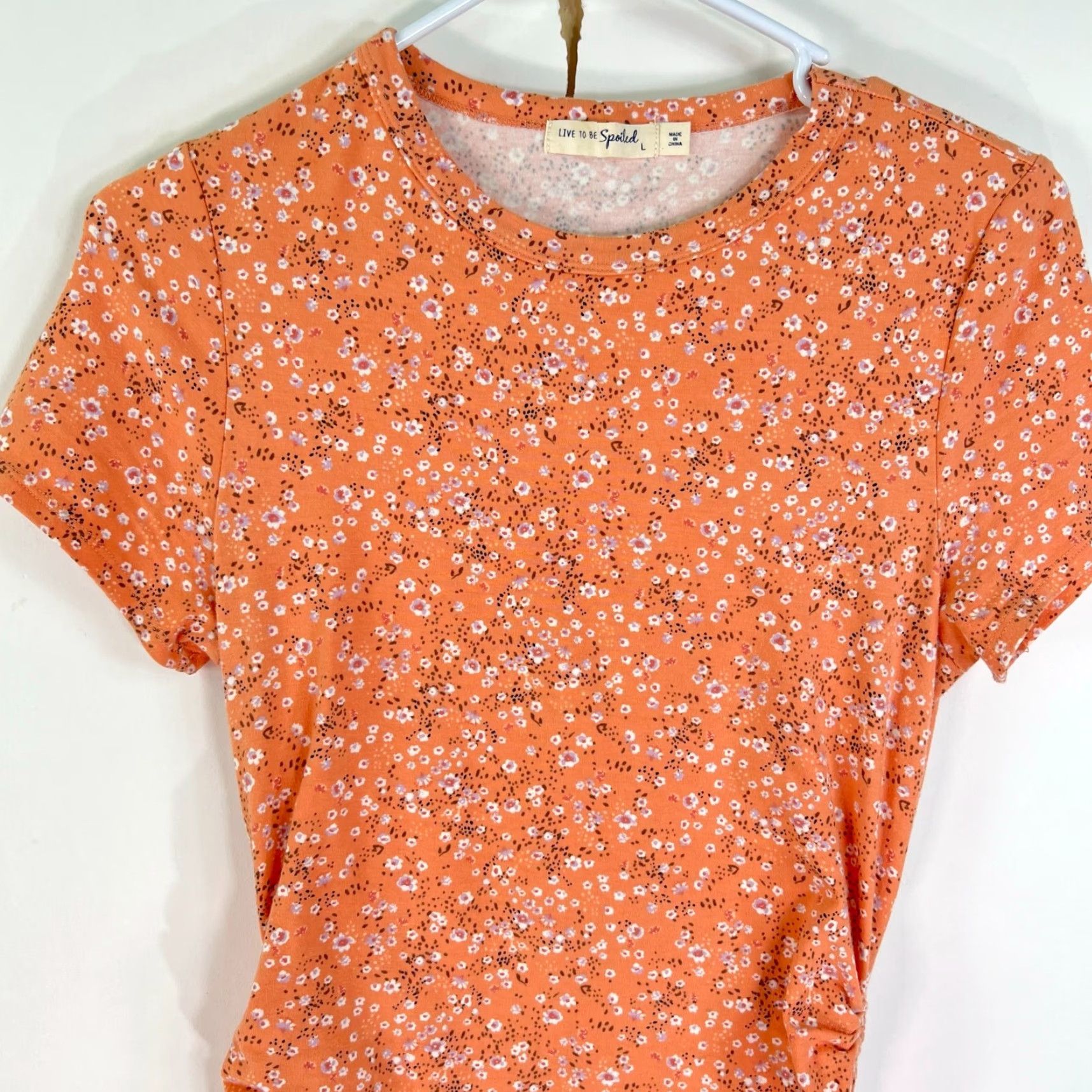 Vintage Live To Be Spoiled Coral Floral Cinched Side Stretch Bodycon Dress L Size L / US 10 / IT 46 - 2 Thumbnail