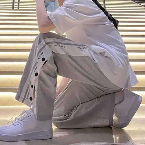 image of Vintage Sweatpants Loose Side Split Buttons in White, Women's (Size 32)