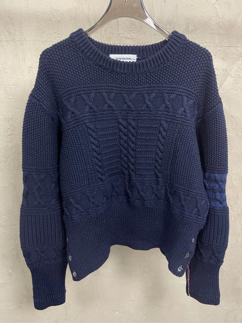 Thom Browne Thom Browne Dark blue four-striped jacquad round-neck wool Size US XL / EU 56 / 4 - 3 Thumbnail