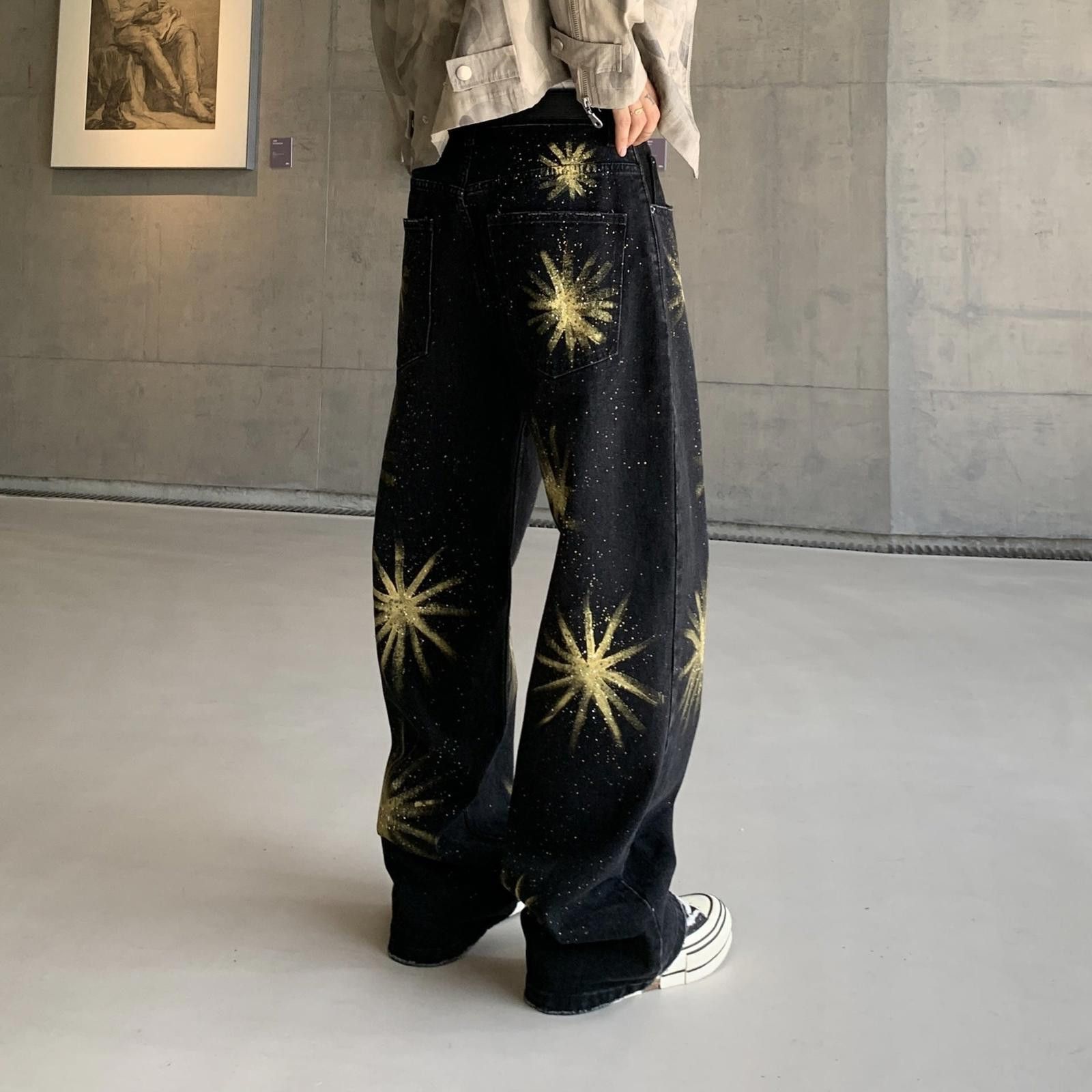 Vintage Black Baggy Wide Leg Jeans with Gold Starburst Print Size US 32 / EU 48 - 4 Thumbnail