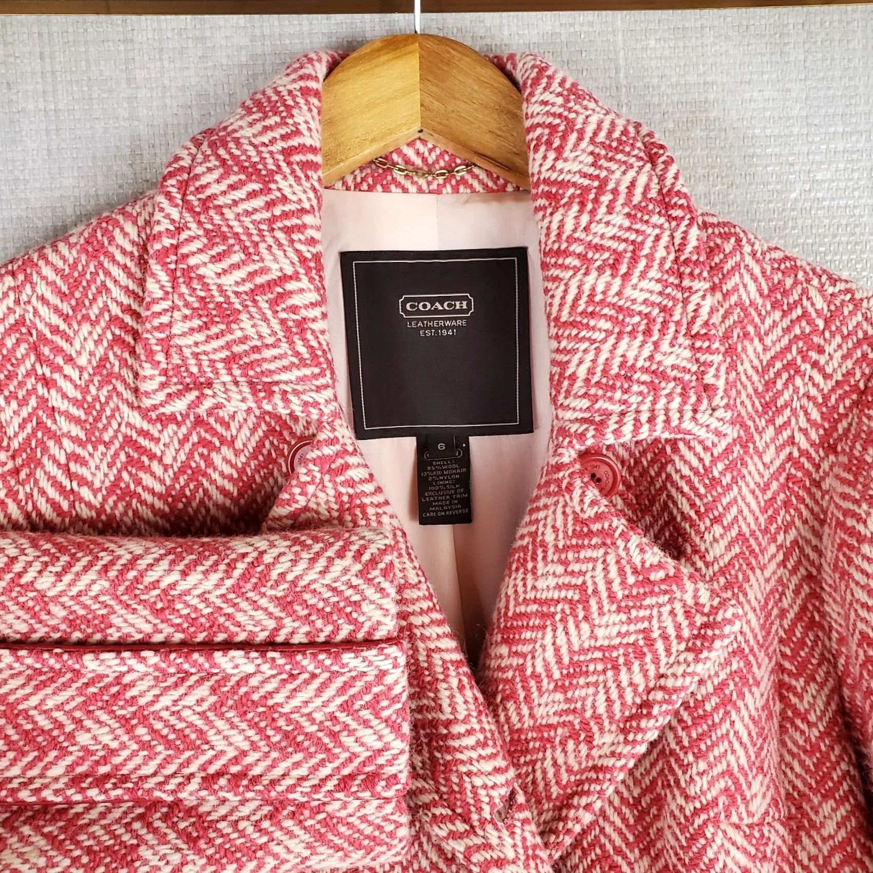 Coach COACH Womens Pea Coat Jacket Pink White Herringbone Wool Mohair Silk Lined Double Breasted Notch Front Pockets Size 6 Womens Size M / US 6-8 / IT 42-44 - 5 Thumbnail