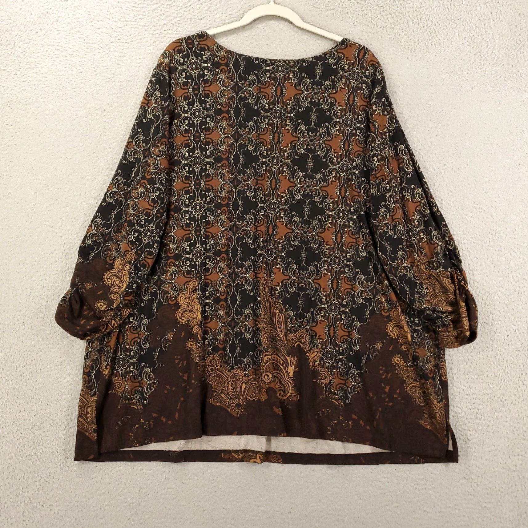 Vintage Susan Graver Blouse 3X Women's Black Brown Geometric Ruched Long Sleeve Boat Neck Top Size XXL / US 16-18 / IT 52-54 - 7 Thumbnail