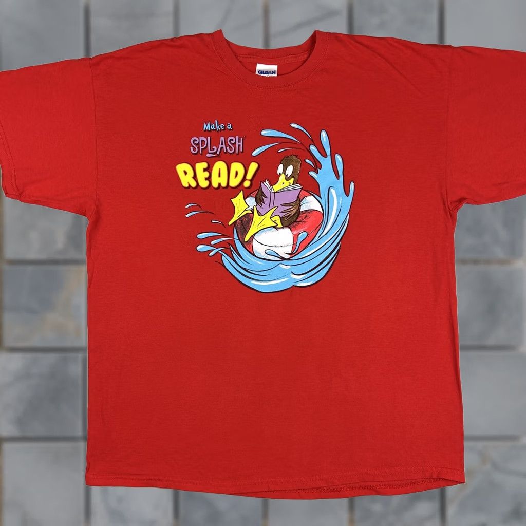 Gildan VINTAGE MAKE A SPLASH READ CARTOON T-Shirt XL red Men Short Sleeve Cotton 80s 90s NYC Public Library Nike Size US XL / EU 56 / 4 - 1 Thumbnail