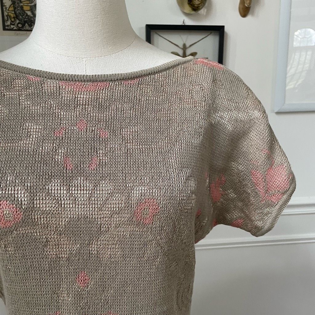 Vintage 80s Knit Deville Boatneck Scoop Back Short Sleeve Knit Top Beige Taupe Pink S M Size M / US 6-8 / IT 42-44 - 2 Thumbnail