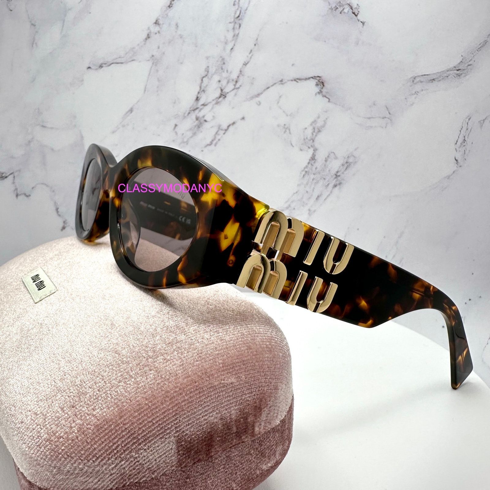 Miu Miu New MIU MIU Sunglasses Brown Tortoise Shell Oval Gold Logo Size ONE SIZE - 4 Thumbnail