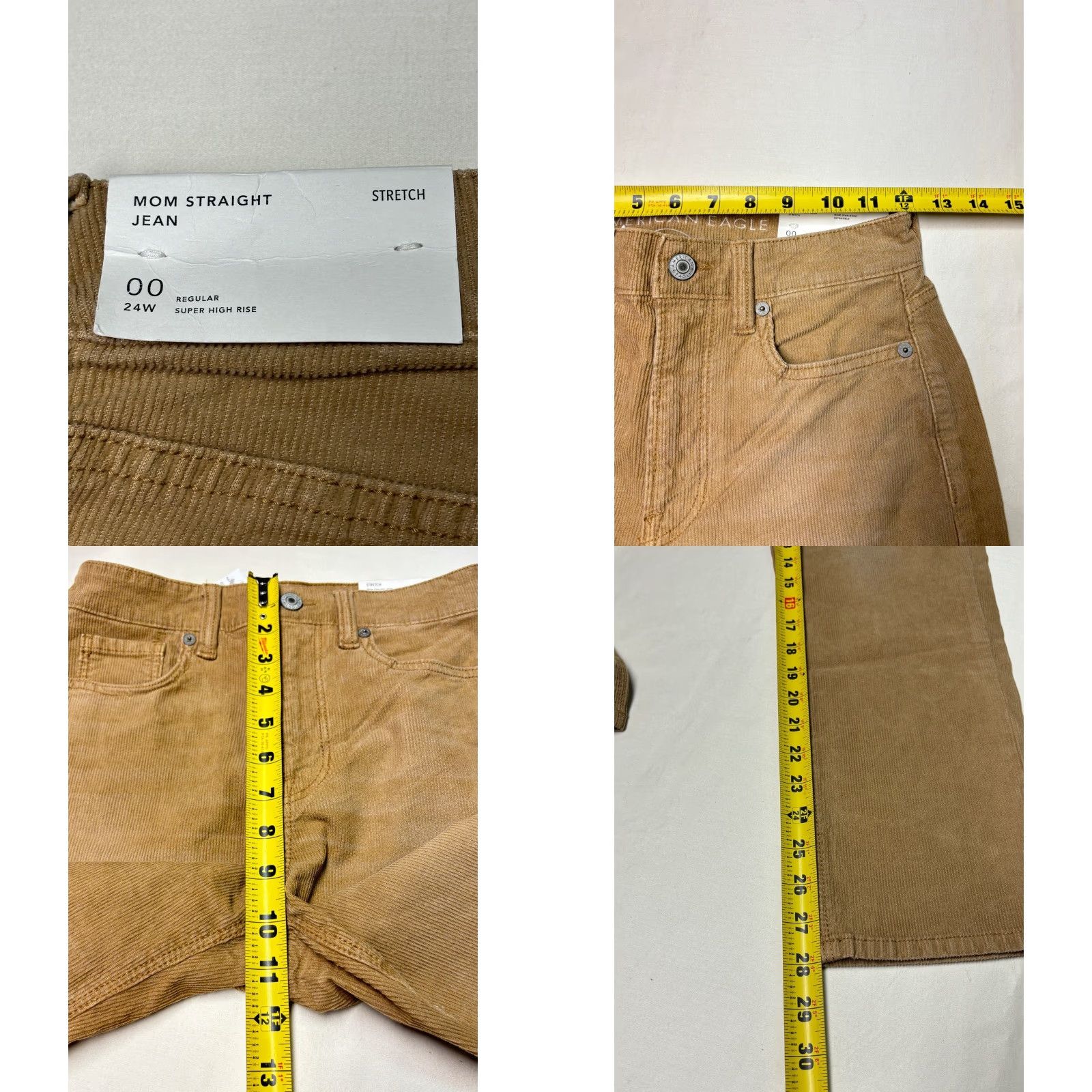 American Eagle Outfitters VINTAGE American Eagle Jeans Corduroy Mom Straight Womens 00 24x28 Tan High Rise Stretch Pockets Logo Button Solid Size 24" / US 00 / IT 34 - 9 Thumbnail
