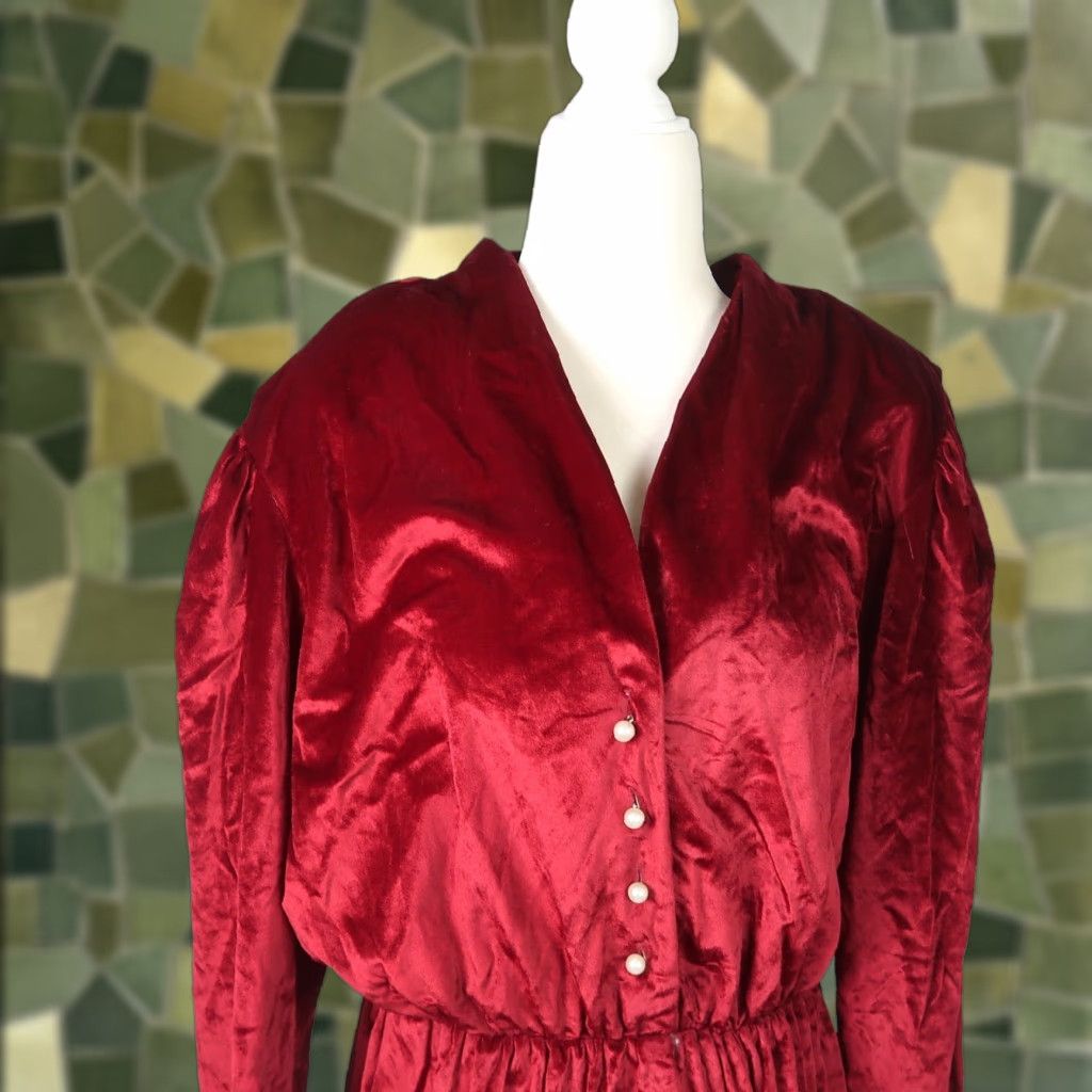 Velour VINTAGE 80s Tabby burgundy velour velvet midi party dress 18 Size XXL / US 16-18 / IT 52-54 - 1 Thumbnail