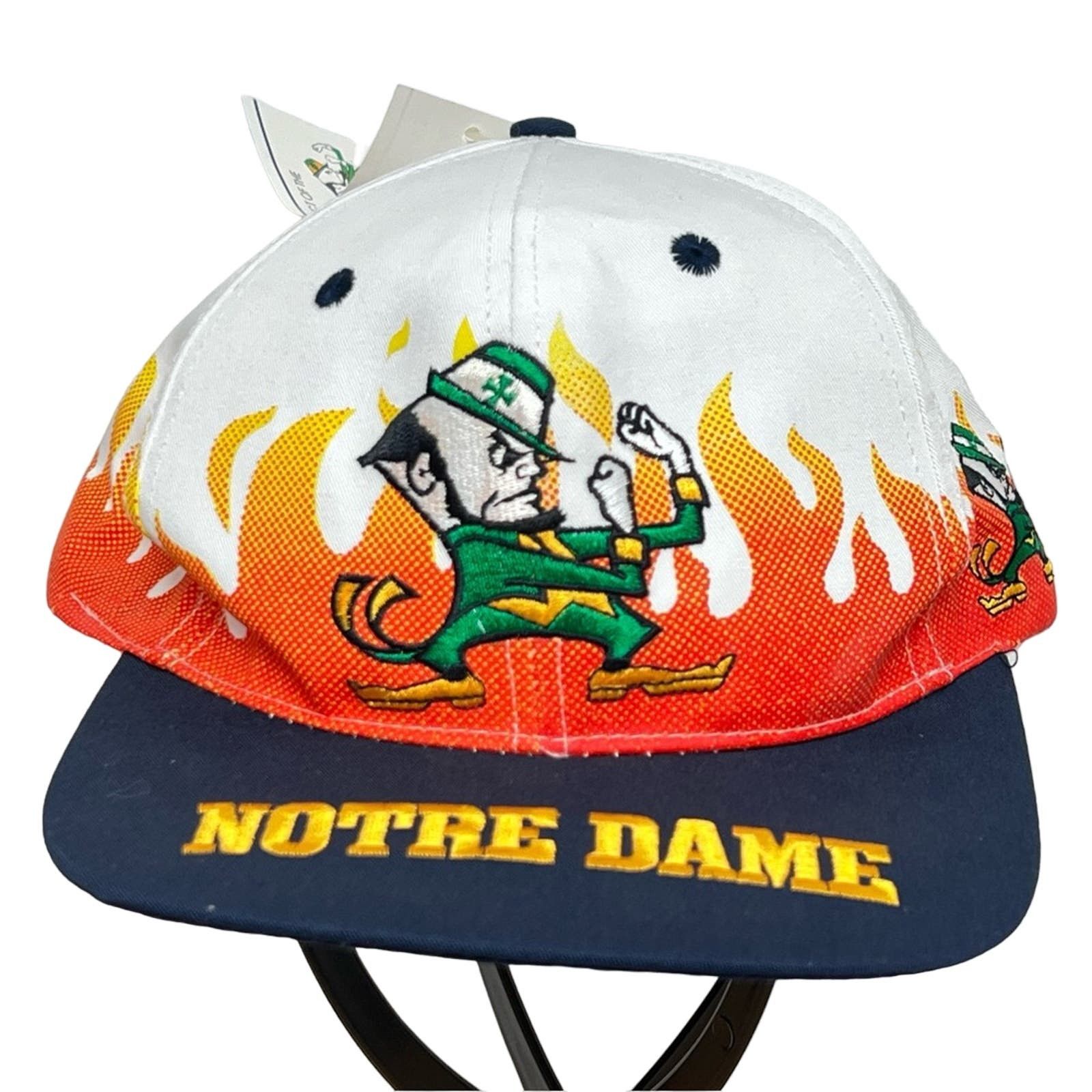 image of Vintage 90's Notre Dame Irish On Fire Snapback Hat Annco NWT in White, Men's