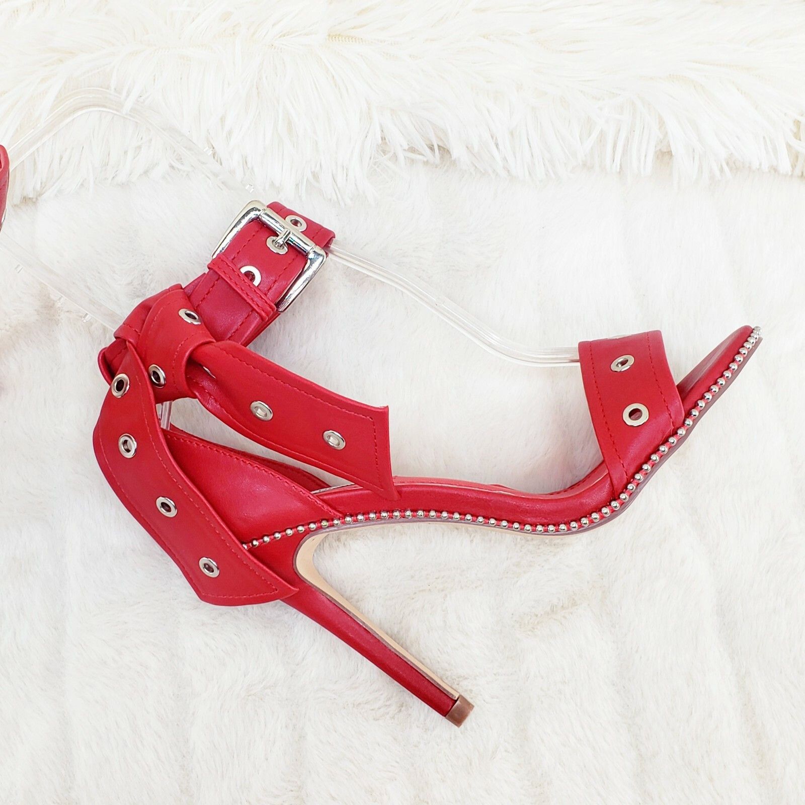 Other CR Bullet Stud Trim Red Vegan Leather Sandal 4.25" High Heel Size US 6.5 / IT 36.5 - 4 Thumbnail