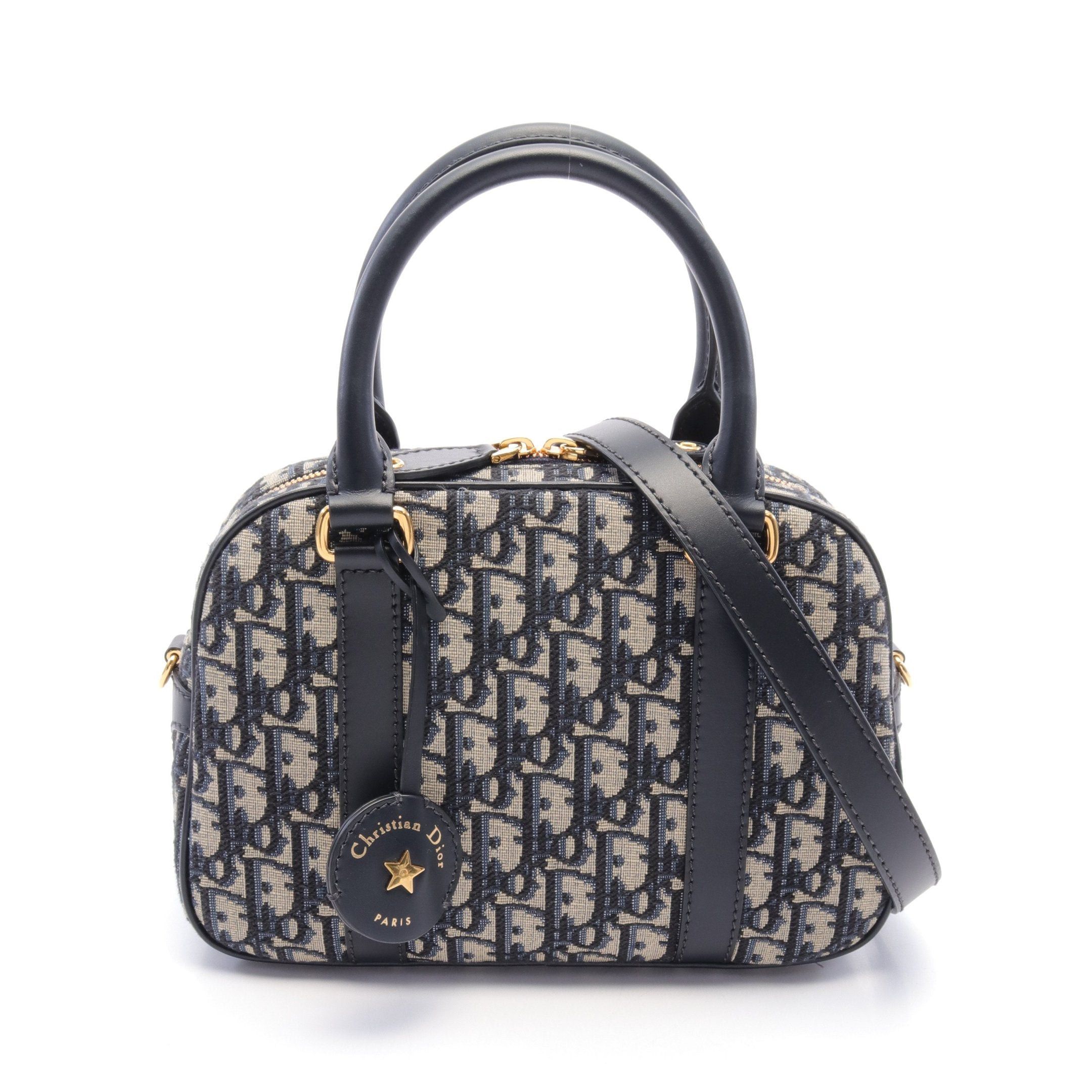 Dior Dior D-Vibe Oblique Bowling Bag Handbag Canvas Leather Navy Gray Size ONE SIZE - 1 Thumbnail